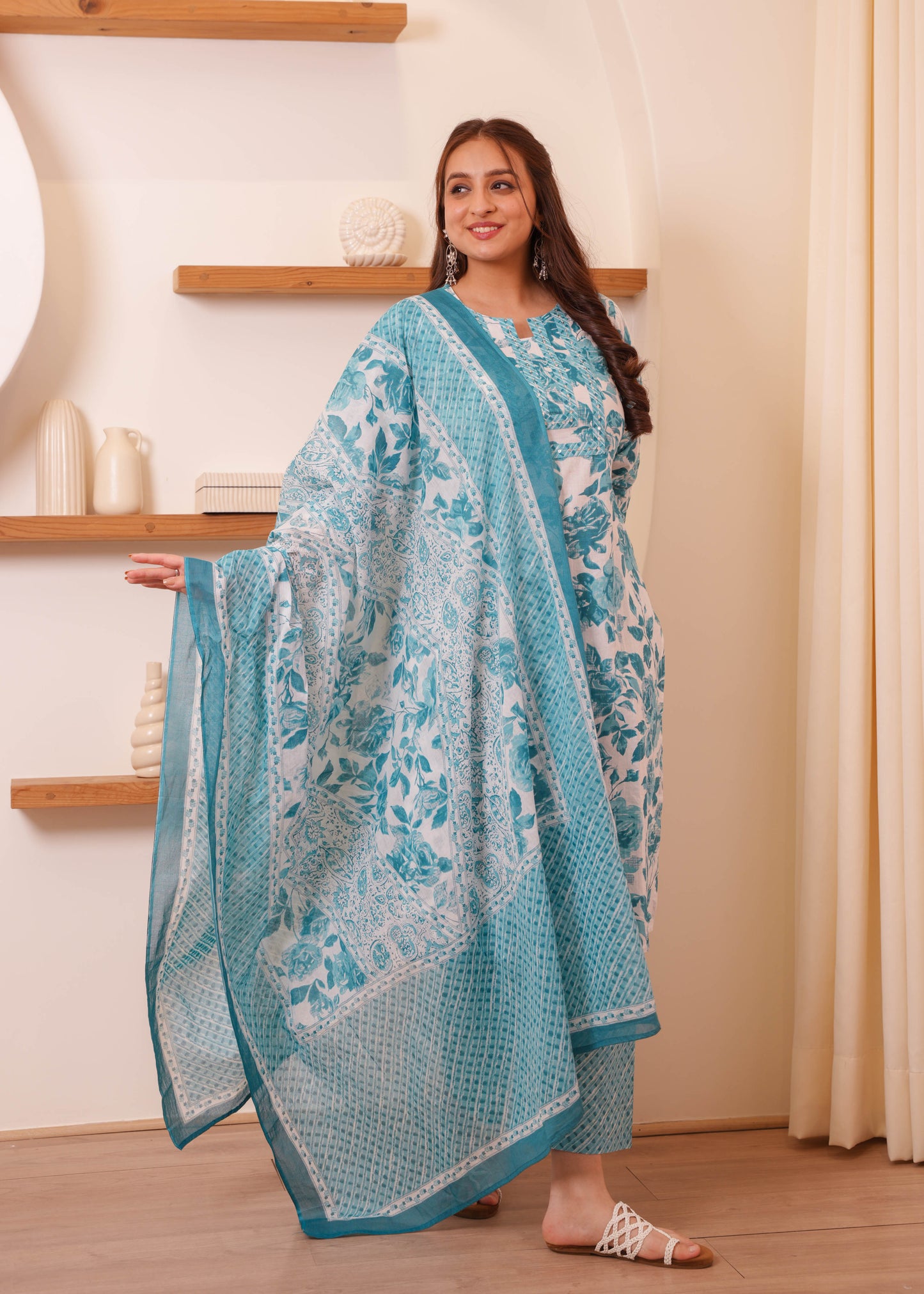 Embroidered Soft Cotton Floral Straight Blue Kurta