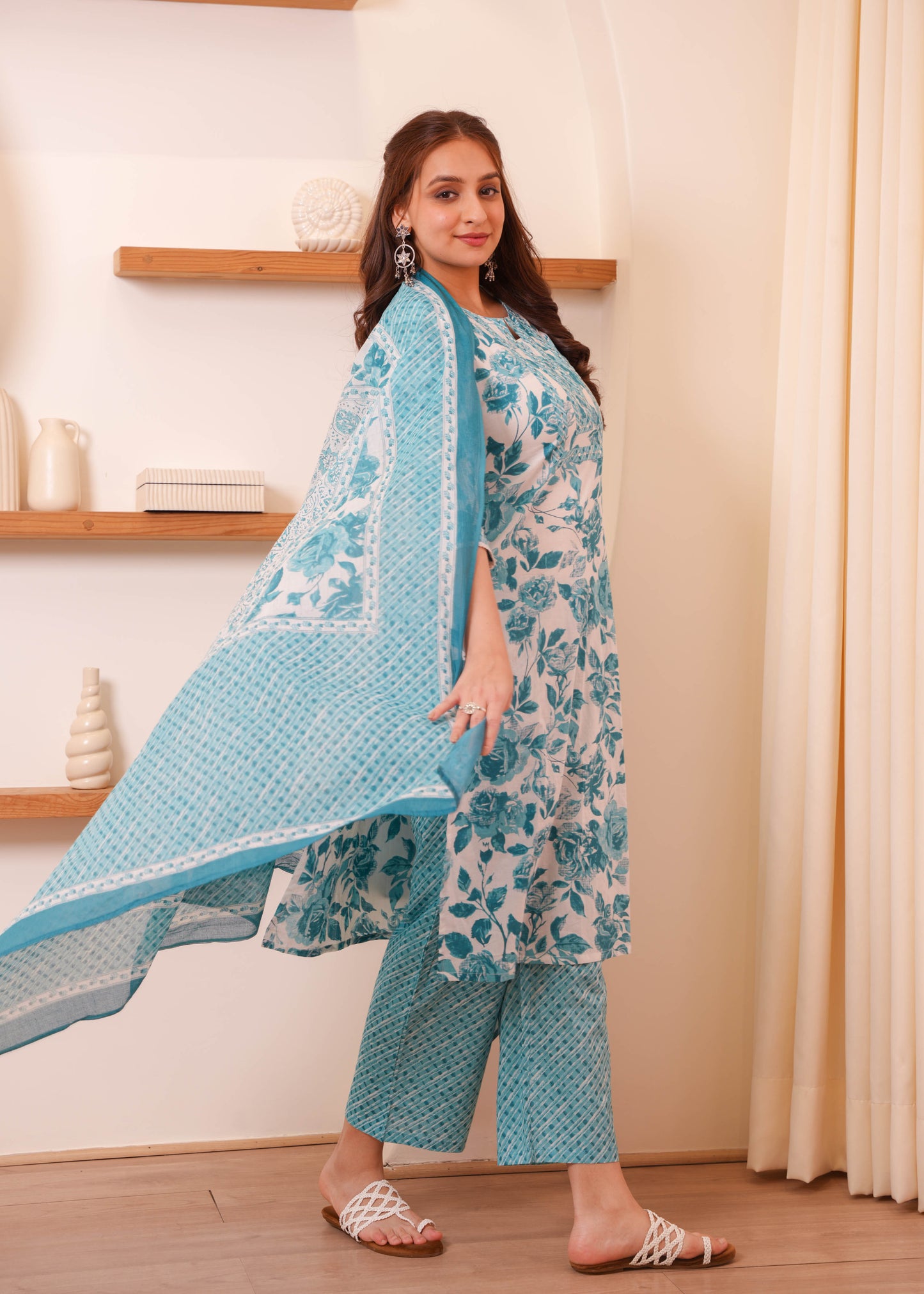 Embroidered Soft Cotton Floral Straight Blue Kurta