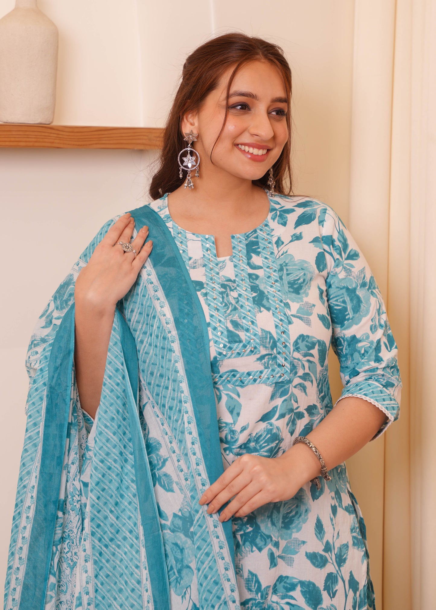 Embroidered Soft Cotton Floral Straight Blue Kurta