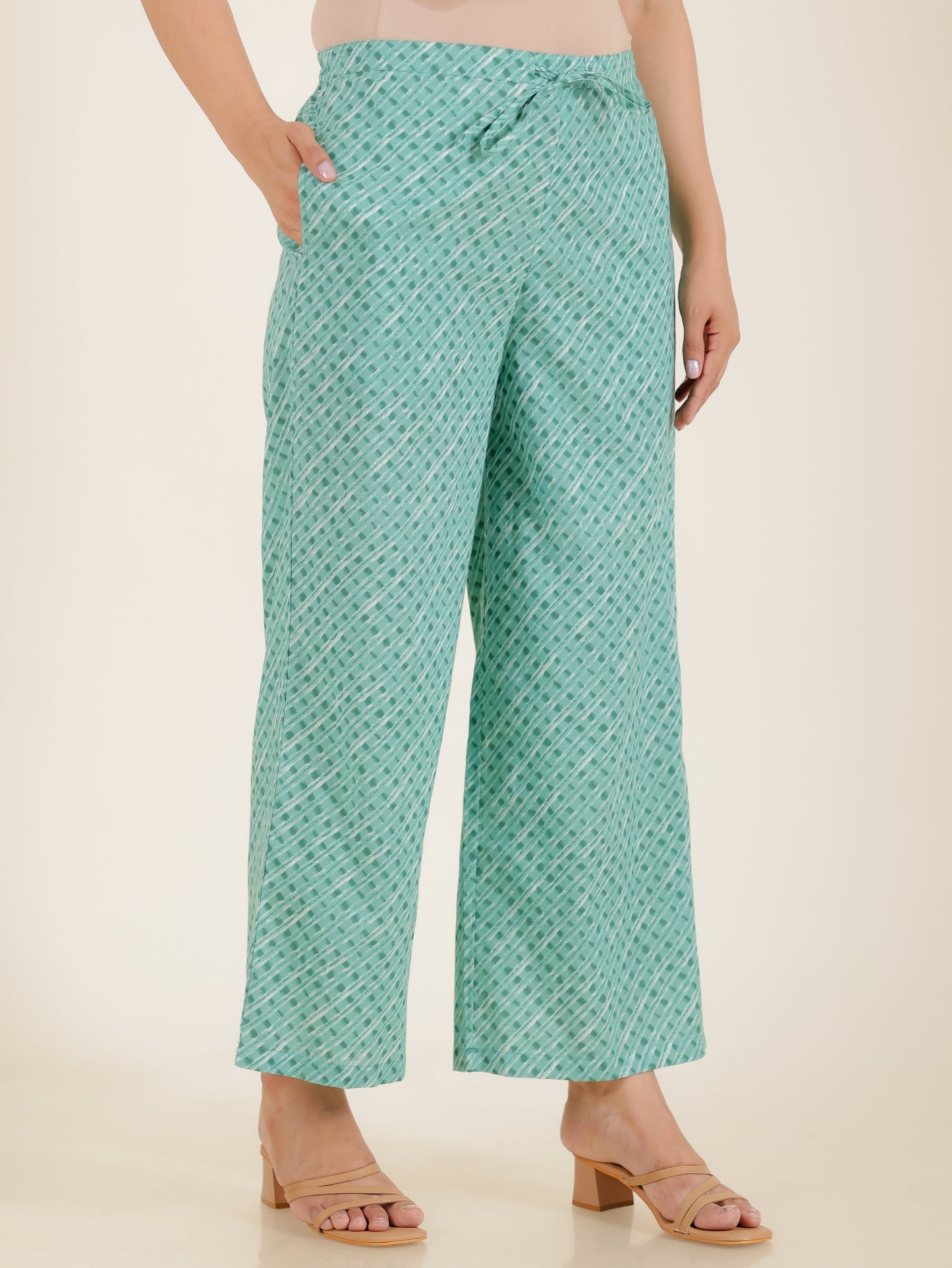 Soft Cotton Leheriya Sea Green Palazzo