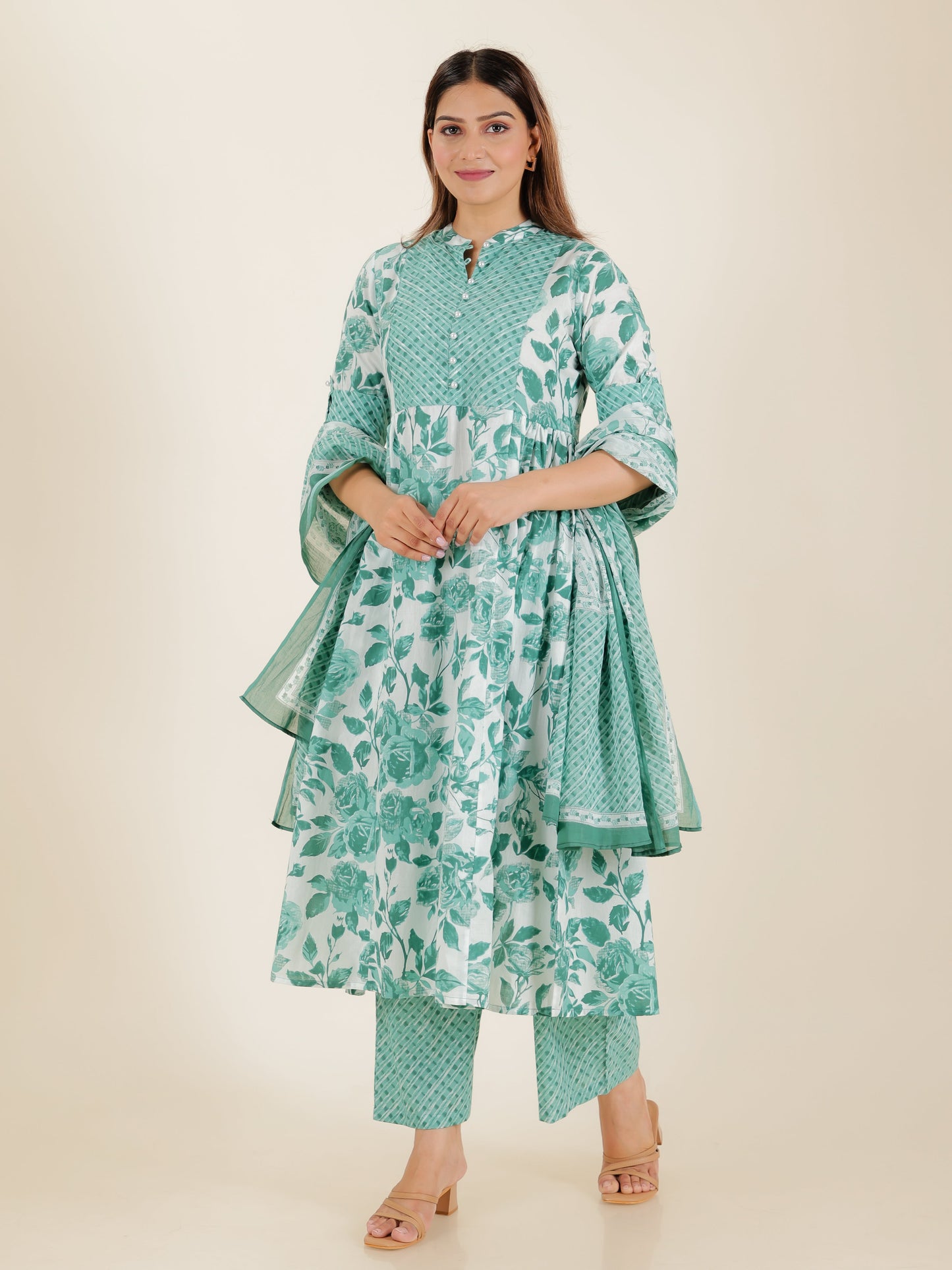 Soft Cotton Floral Flared Sea Green Kurta