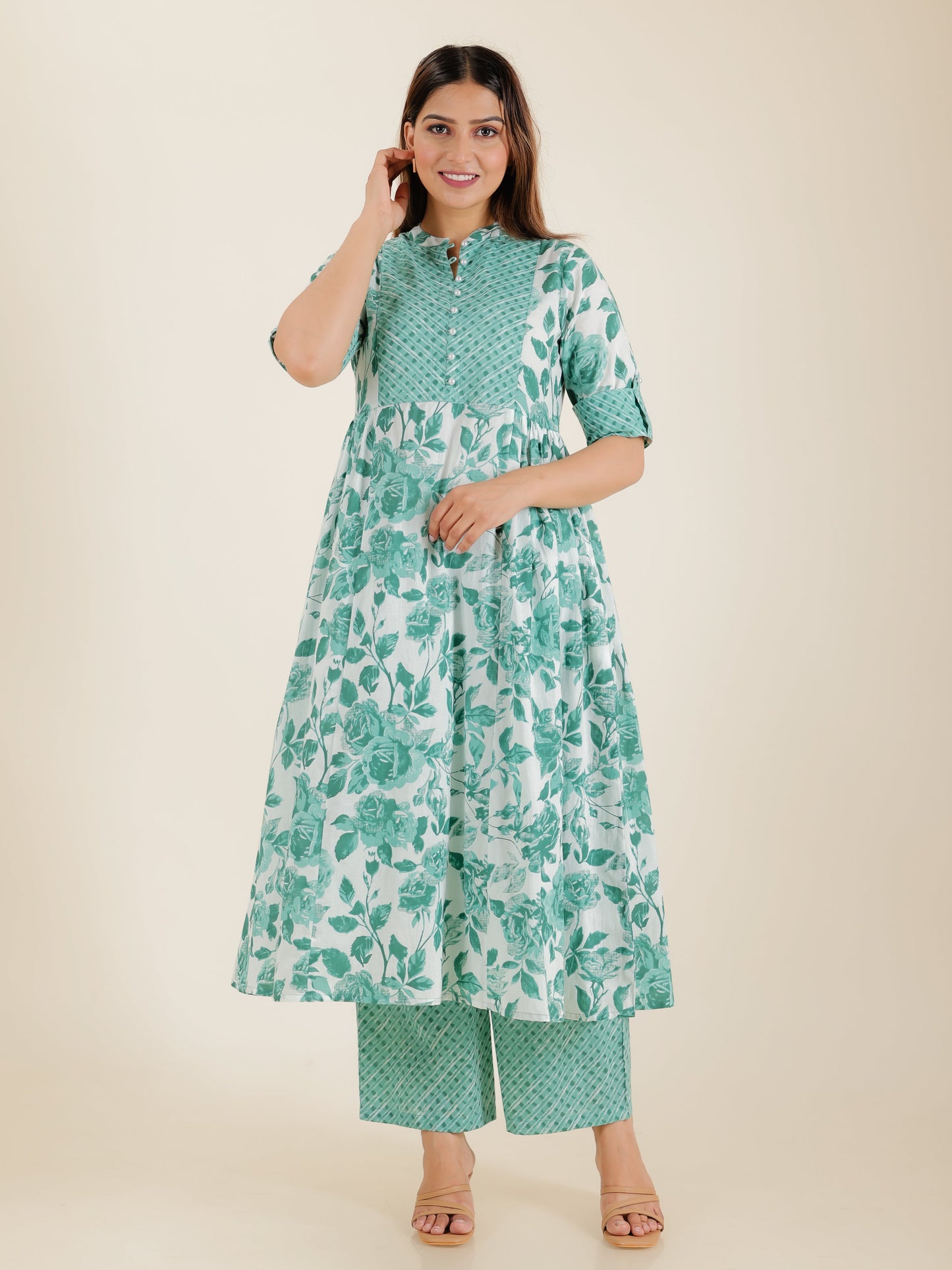Soft Cotton Floral Flared Sea Green Kurta