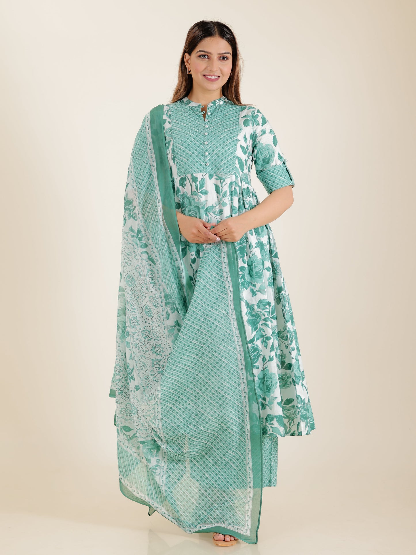 Soft Cotton Floral Flared Sea Green Kurta