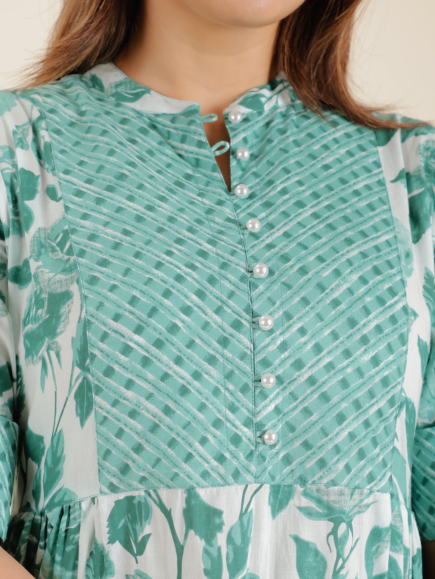 Soft Cotton Floral Flared Sea Green Kurta