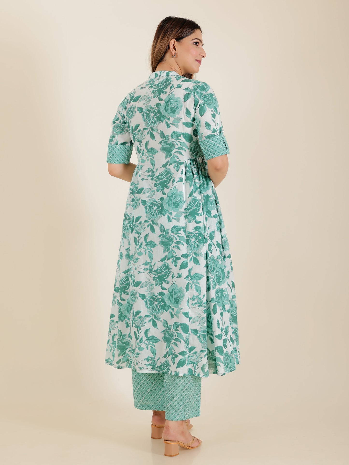 Soft Cotton Floral Flared Sea Green Kurta