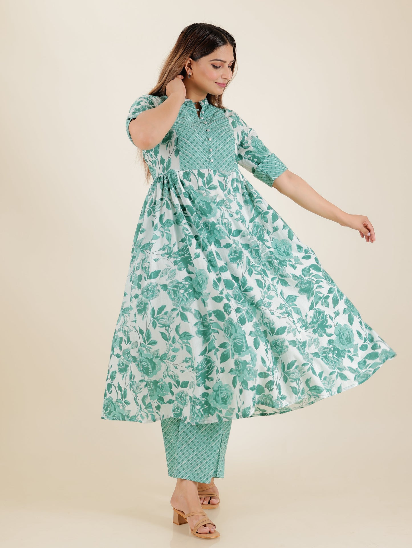 Soft Cotton Floral Flared Sea Green Kurta