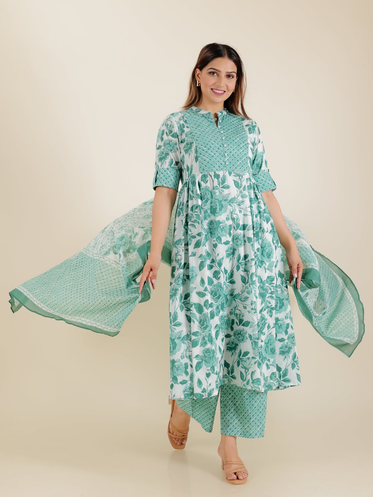 Soft Cotton Floral Flared Sea Green Kurta