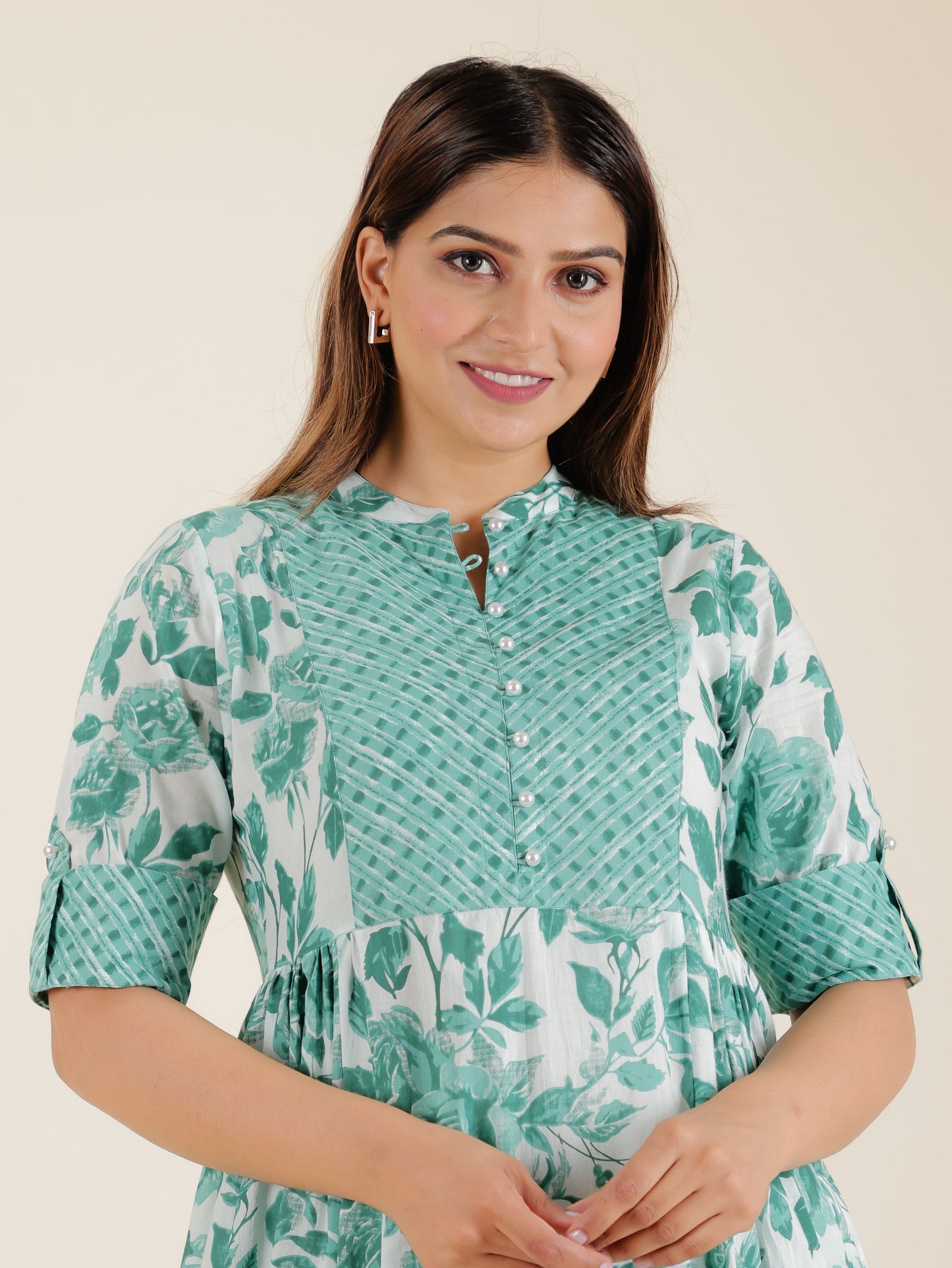Soft Cotton Floral Flared Sea Green Kurta