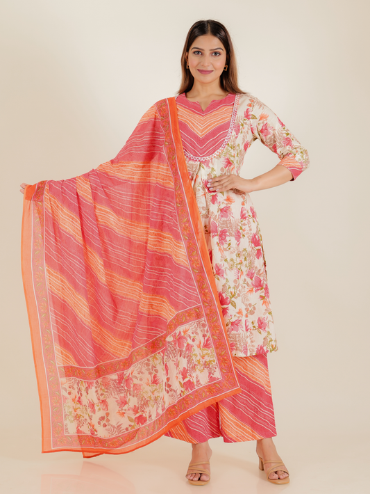 Soft Cotton Floral A-line Cream Kurta
