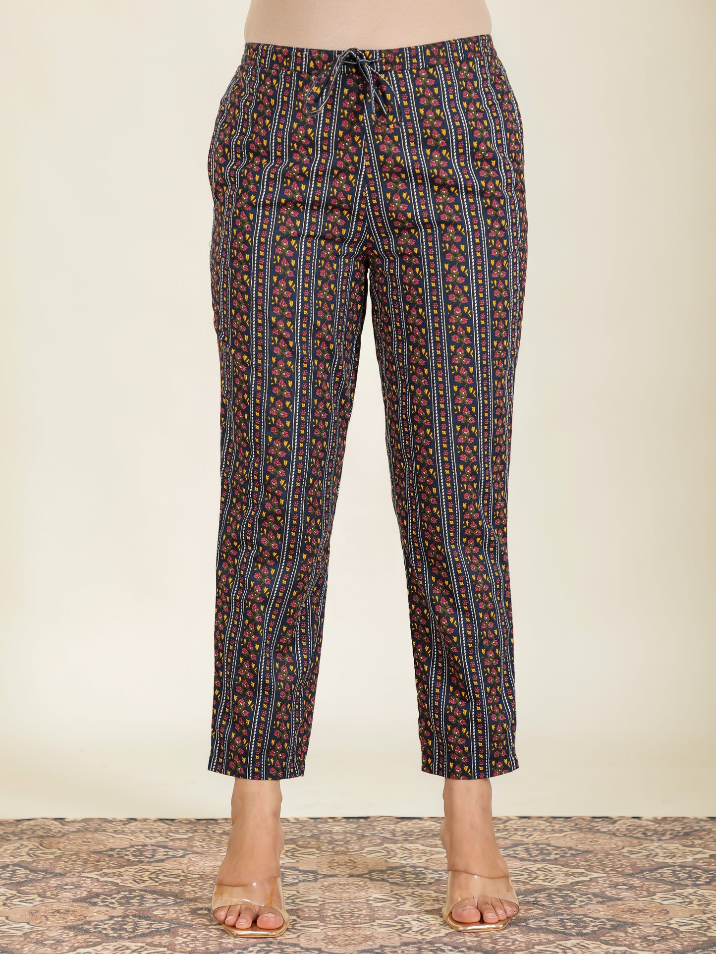 Soft Cotton Striped Navy Blue Tapered Trousers