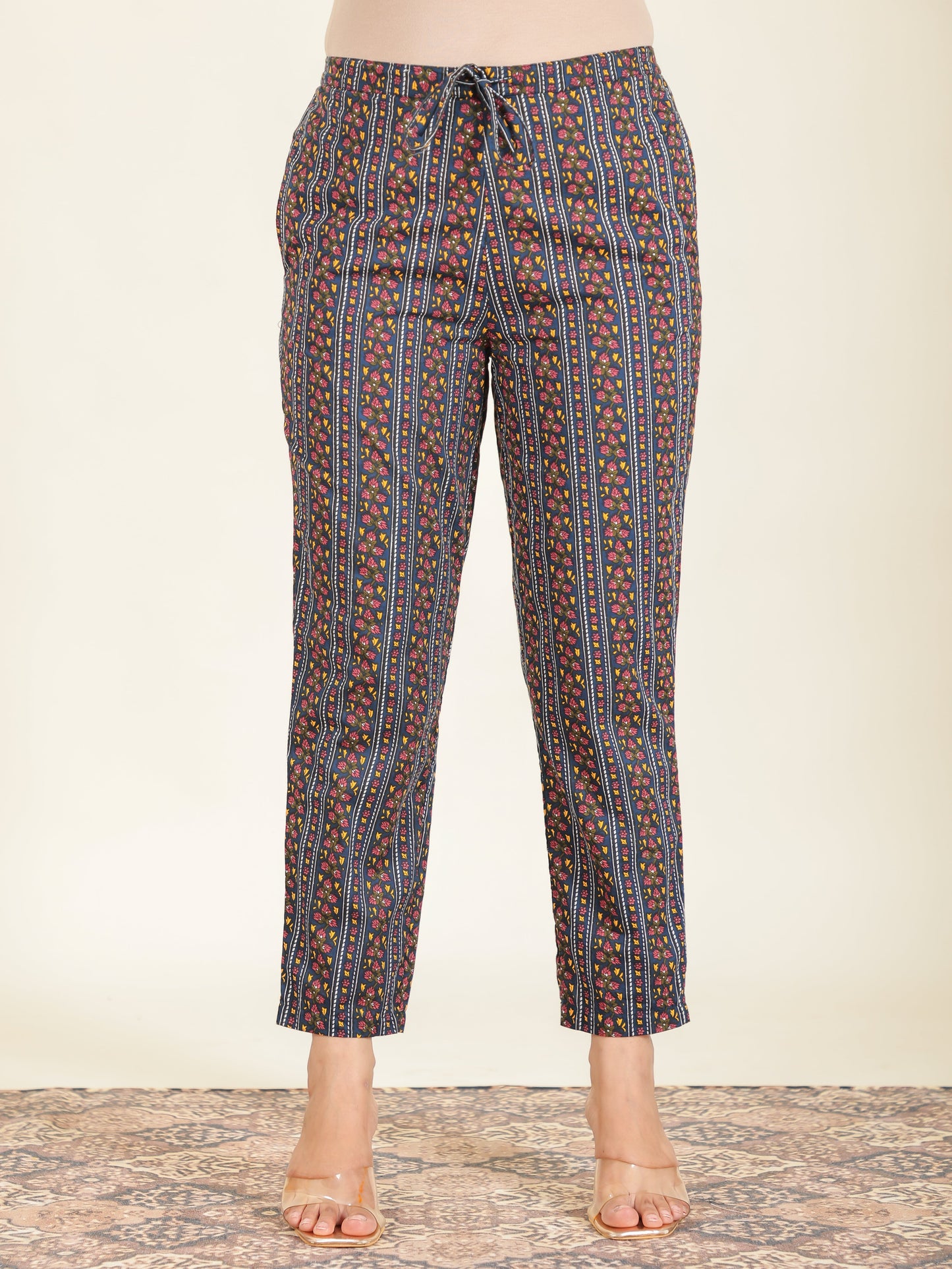 Soft Cotton Striped Navy Blue Tapered Trousers