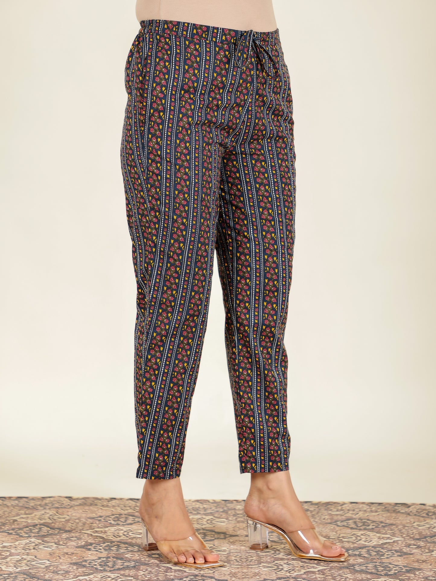 Soft Cotton Striped Navy Blue Tapered Trousers