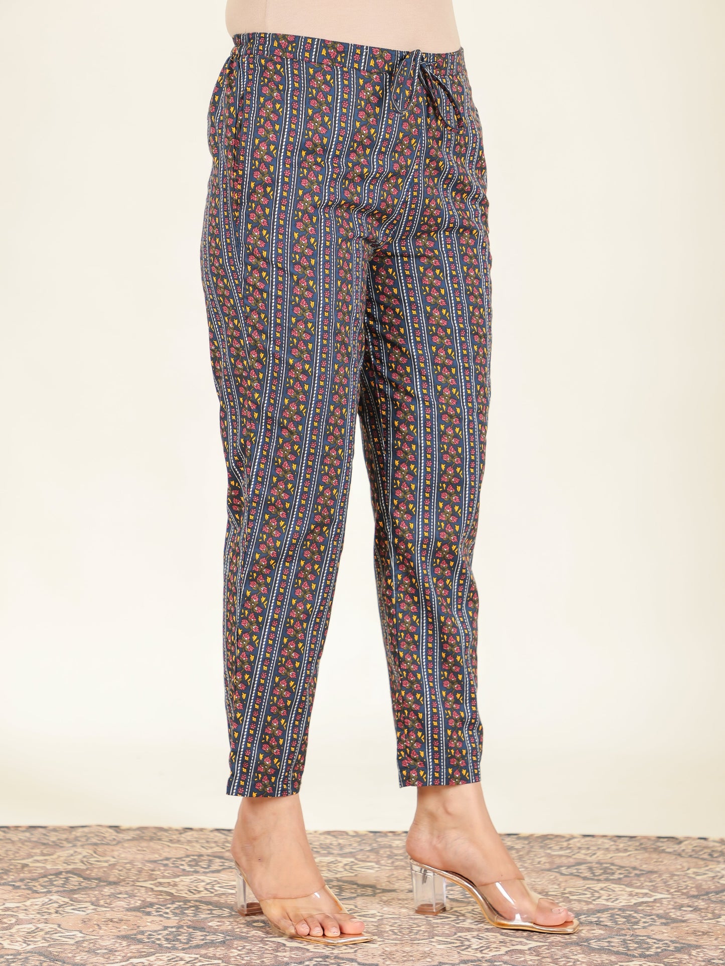 Soft Cotton Striped Navy Blue Tapered Trousers
