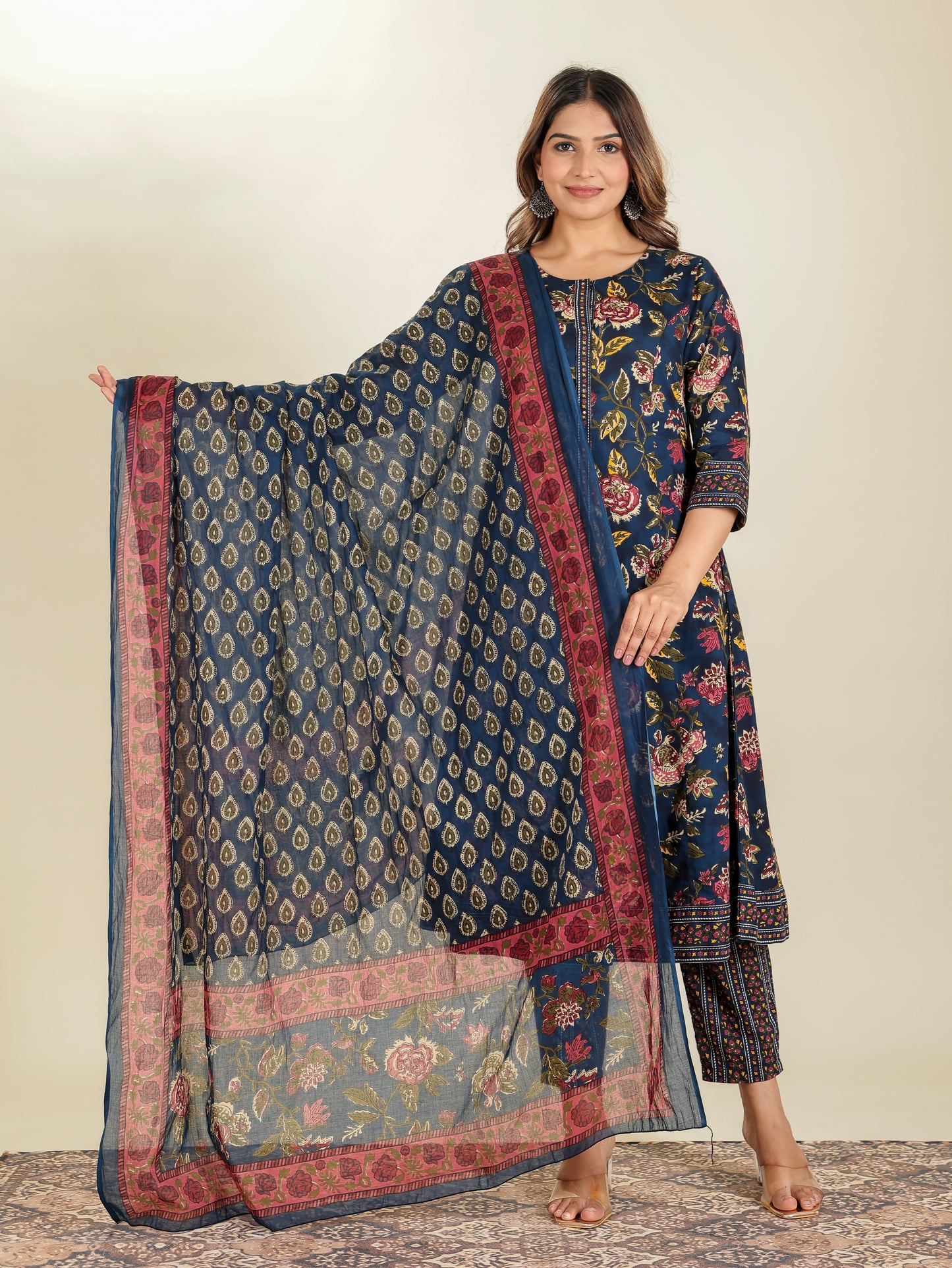 Cotton Voile Block Print Navy Blue Dupatta