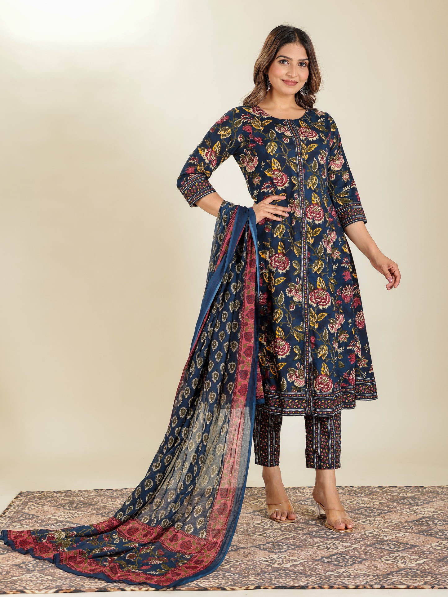 Cotton Voile Block Print Navy Blue Dupatta