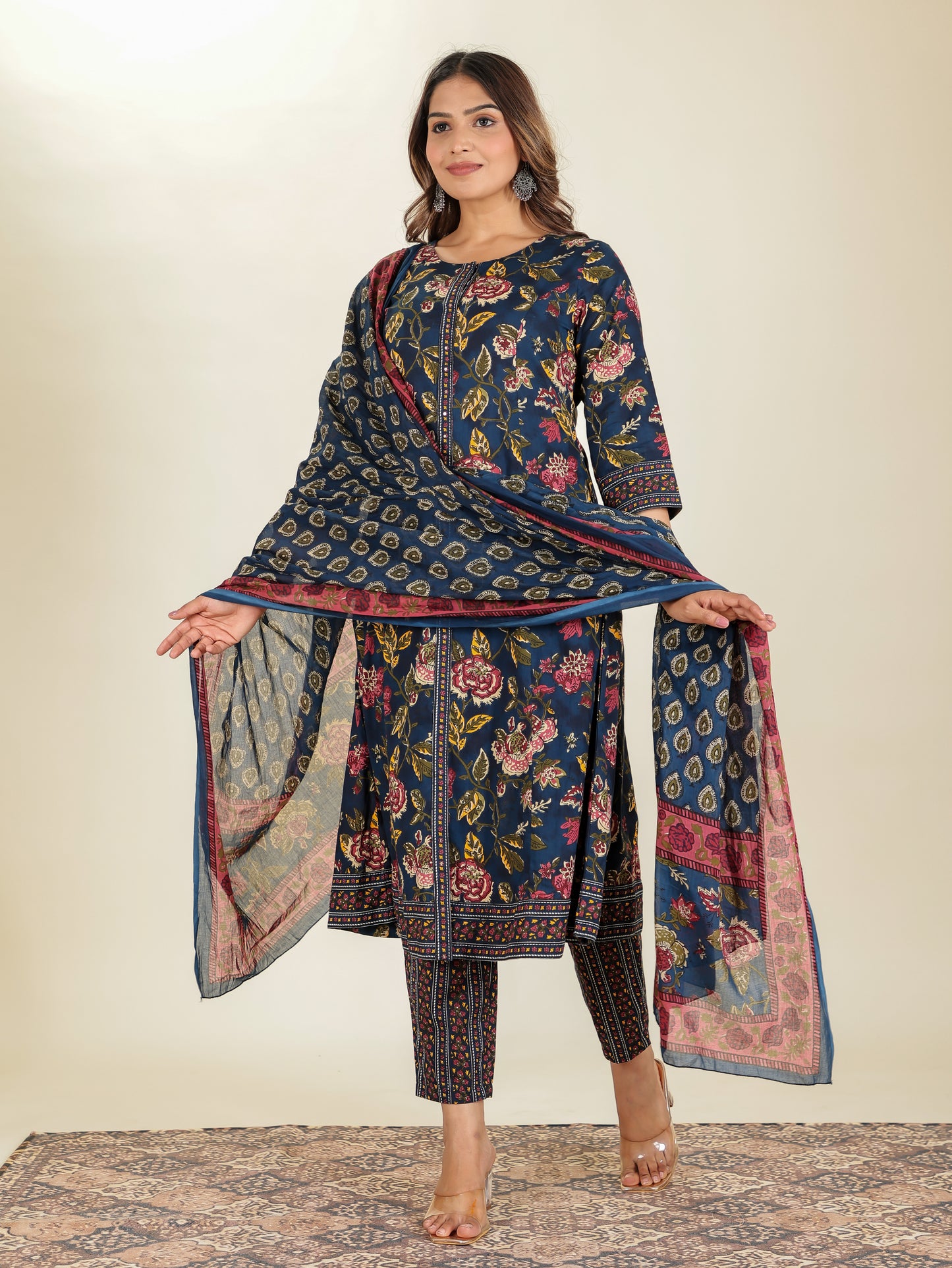 Cotton Voile Block Print Navy Blue Dupatta