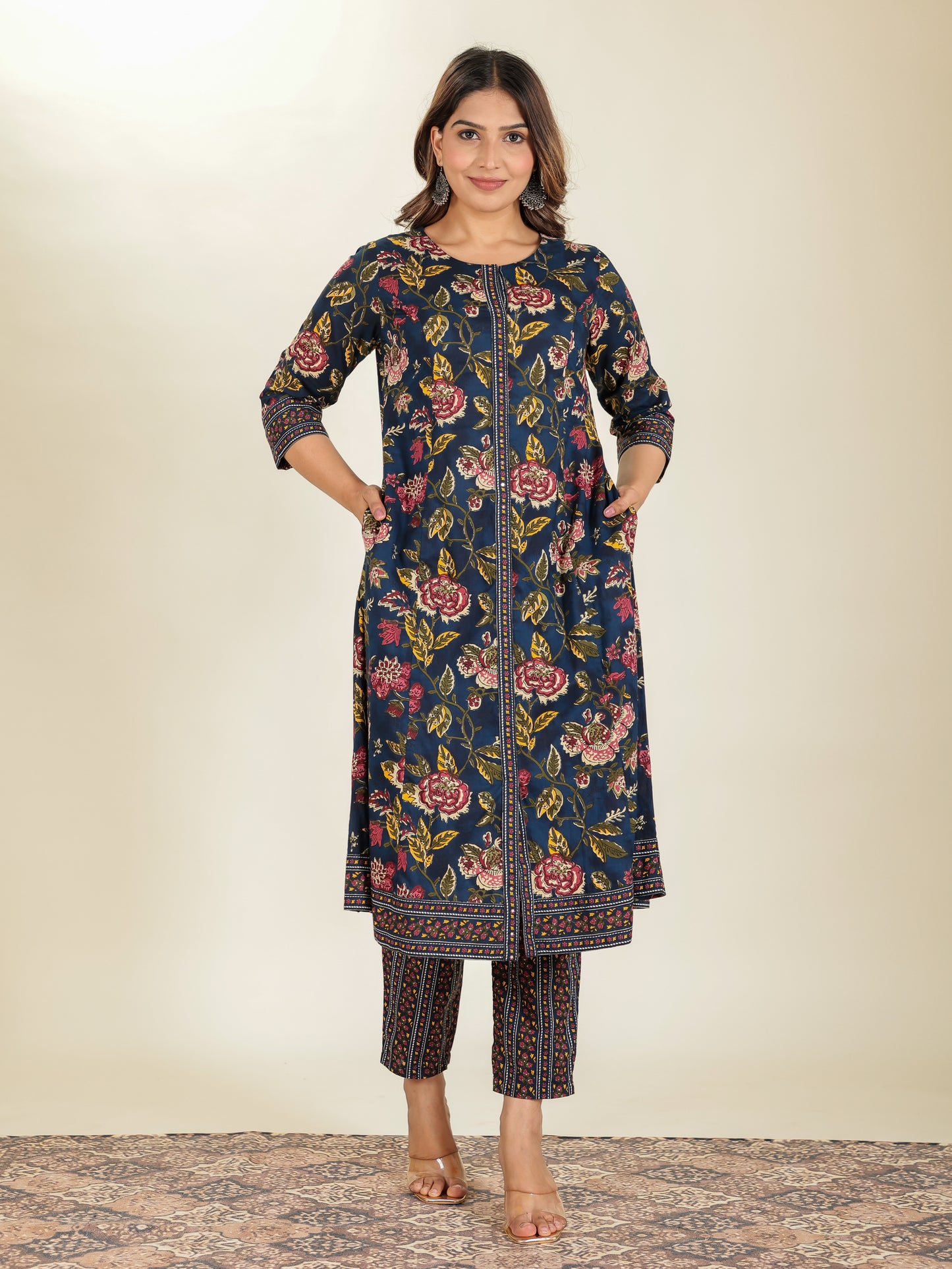 Embroidered Soft Cotton Floral Flared Navy Blue Kurta
