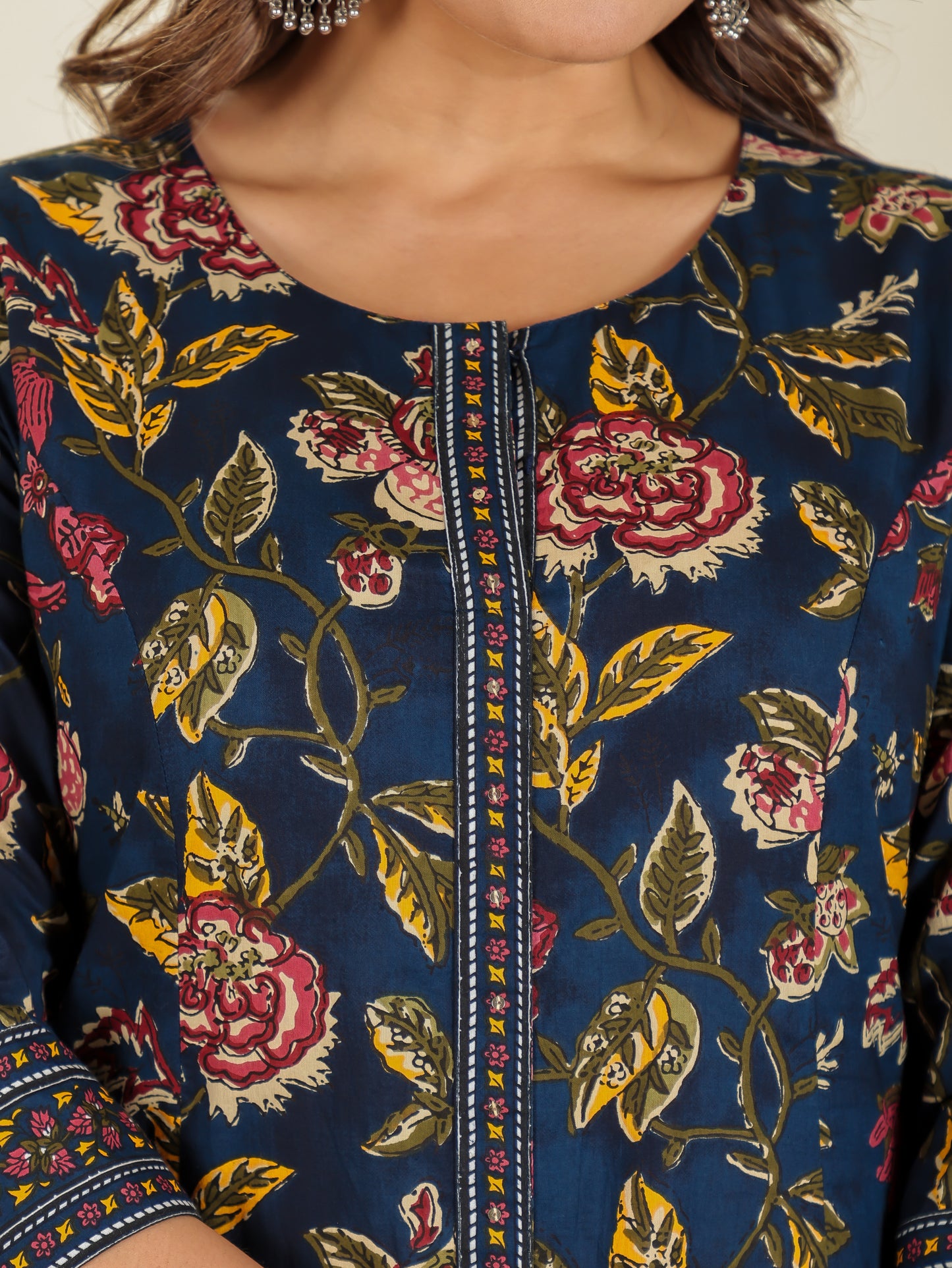Embroidered Soft Cotton Floral Flared Navy Blue Kurta