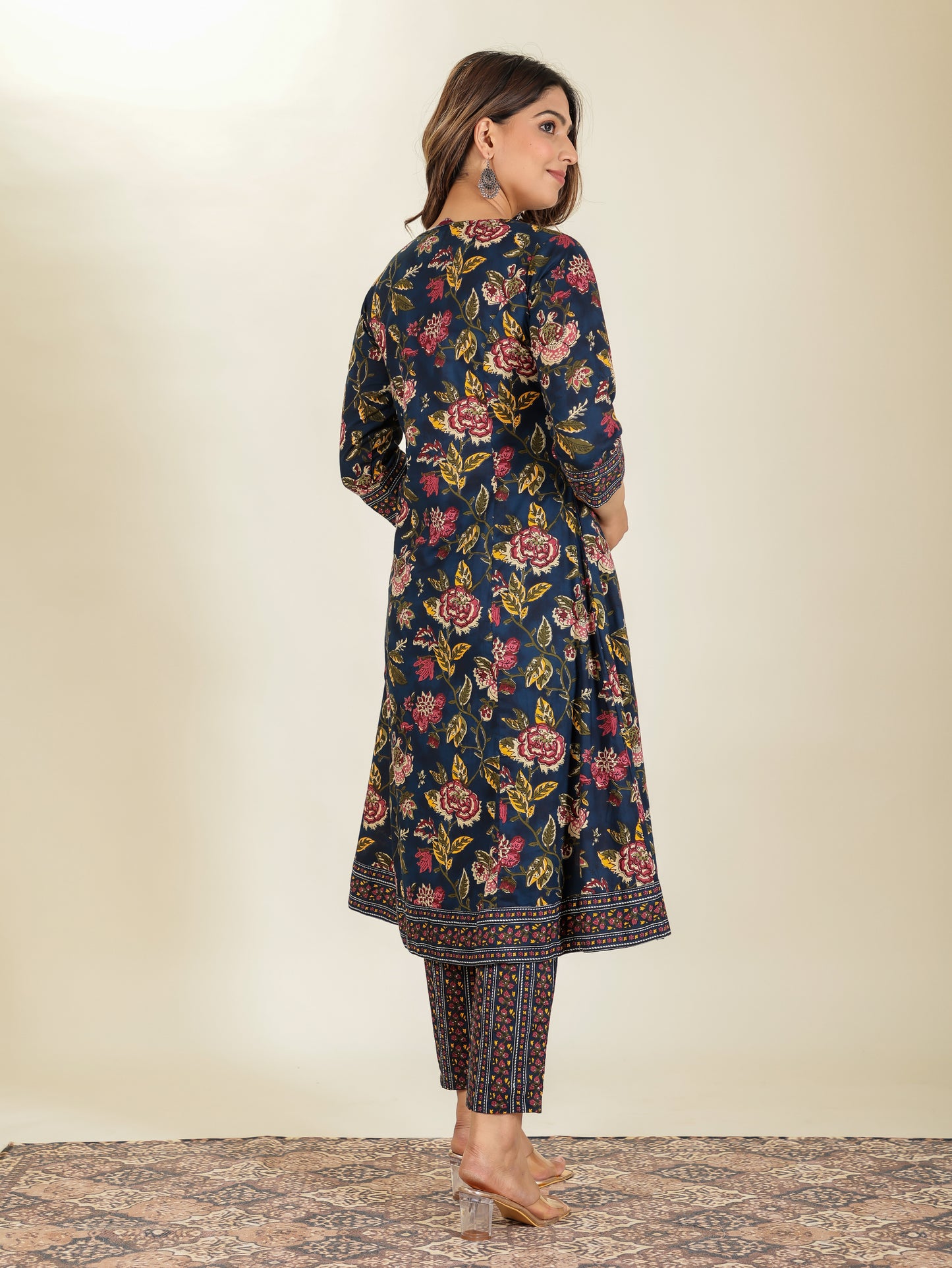 Embroidered Soft Cotton Floral Flared Navy Blue Kurta