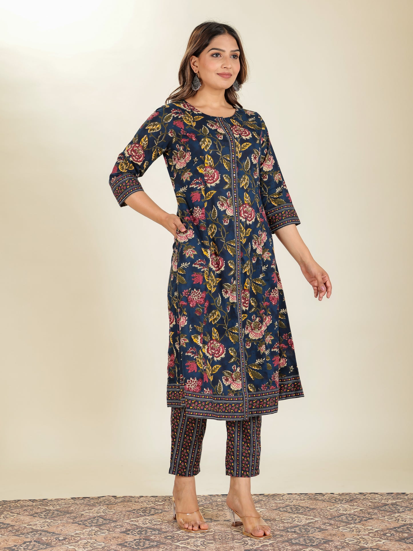 Embroidered Soft Cotton Floral Flared Navy Blue Kurta