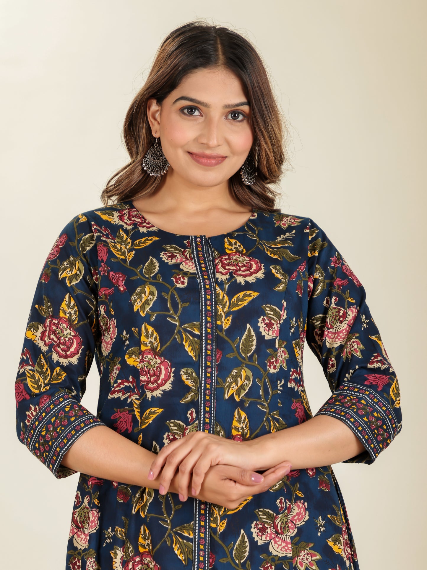 Embroidered Soft Cotton Floral Flared Navy Blue Kurta