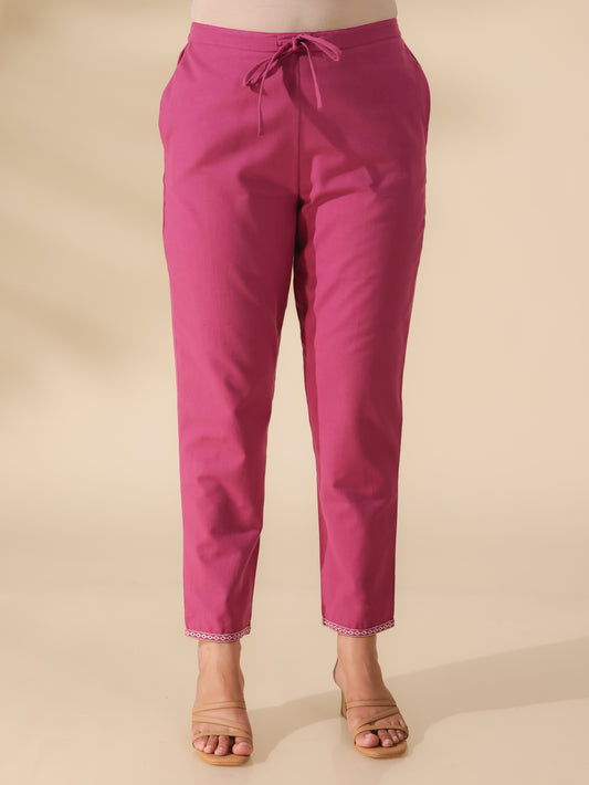 Linen Cotton Solid Pink Tapered Trousers