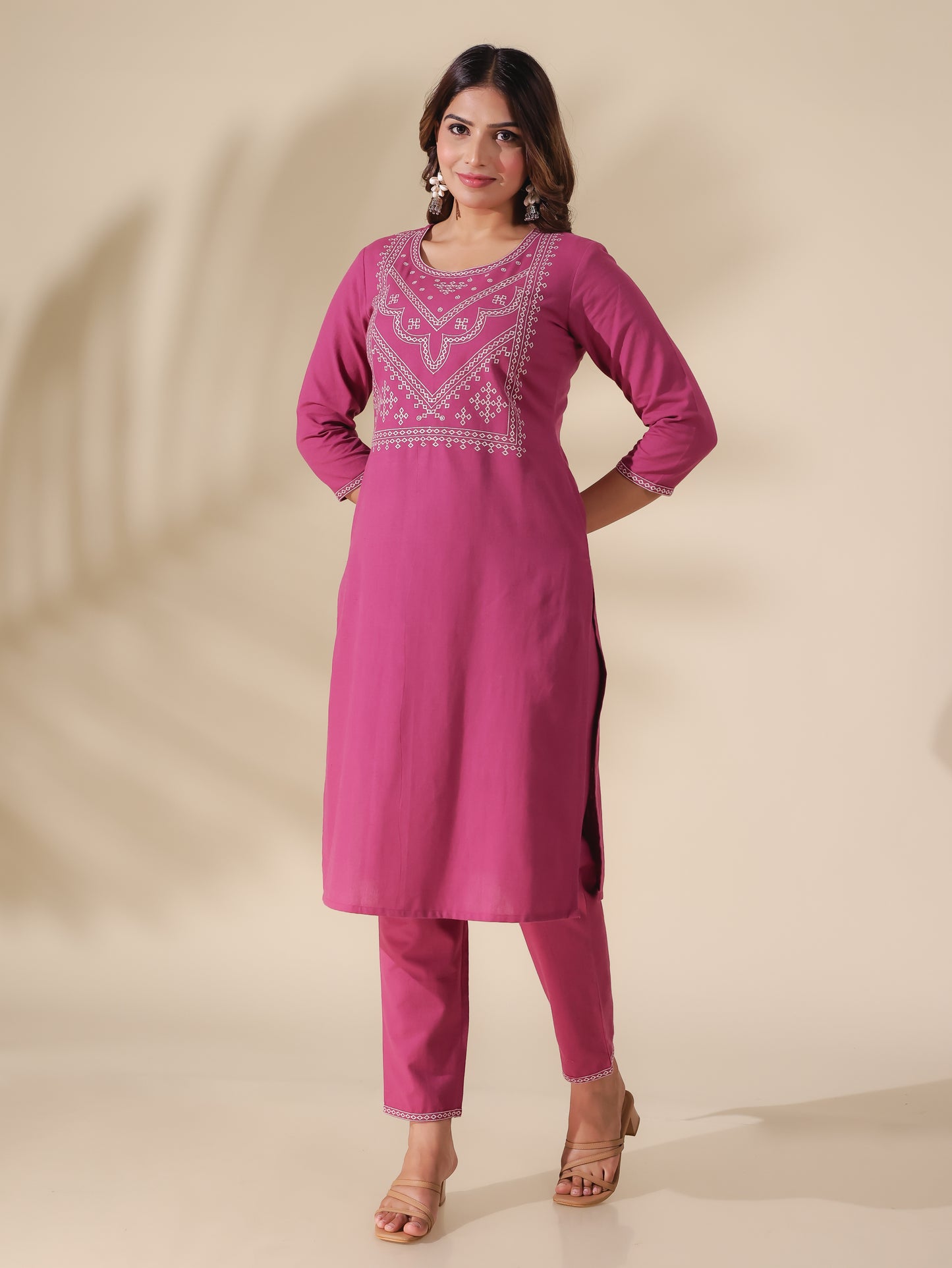 Linen Cotton Embroidered Solid Kurta