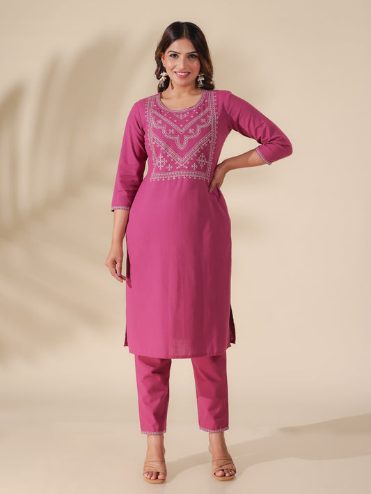 Linen Cotton Solid Straight Pink Kurta