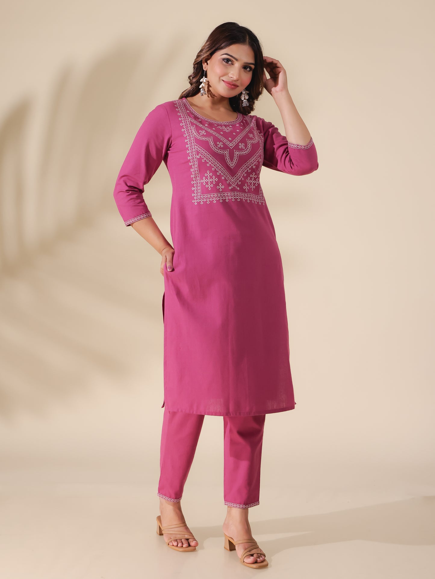 Linen Cotton Embroidered Solid Kurta