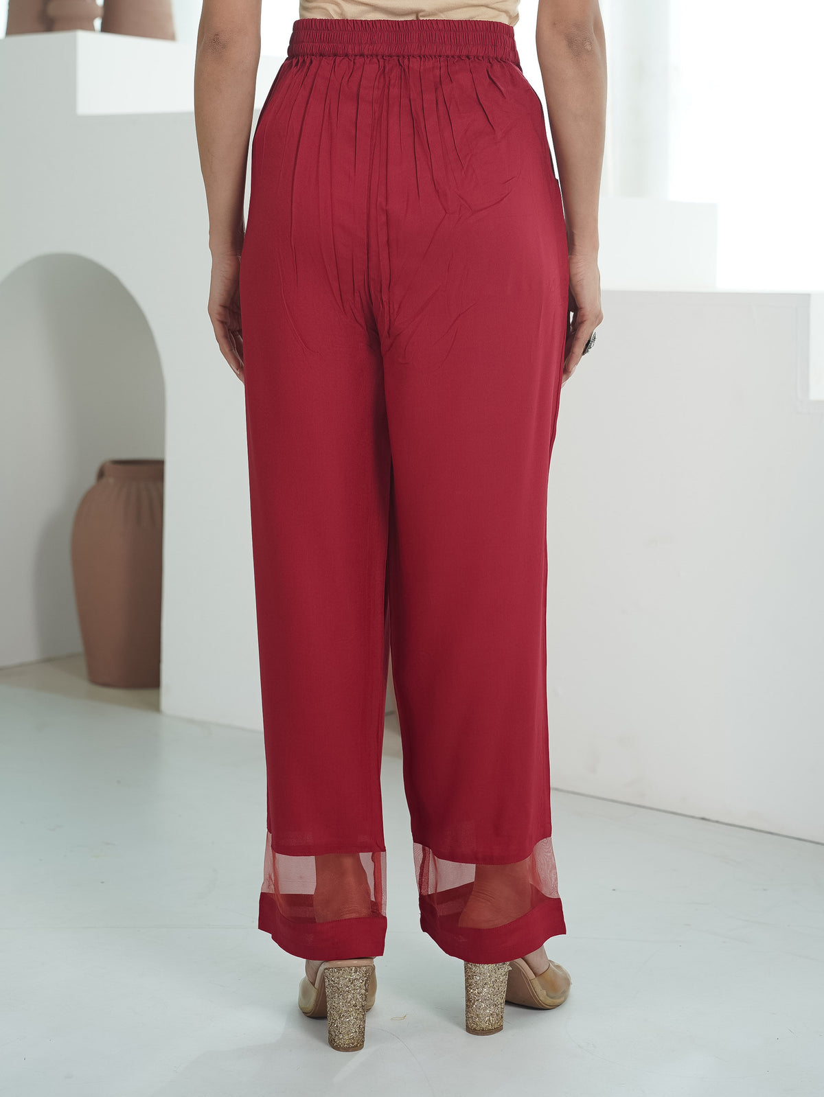 Viscose Solid Maroon Straight Trousers
