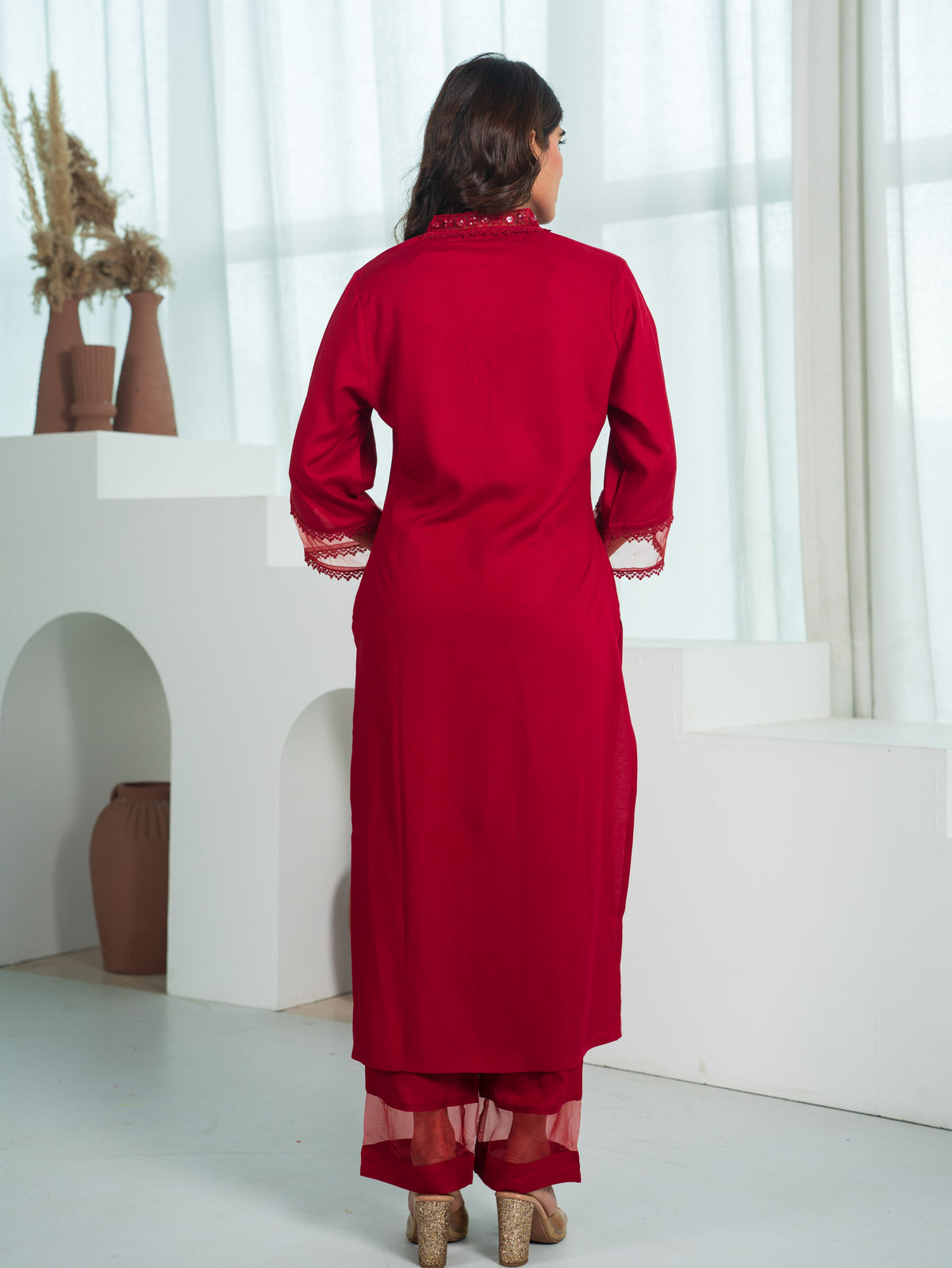 Embroidered Viscose Solid Straight Maroon Kurta