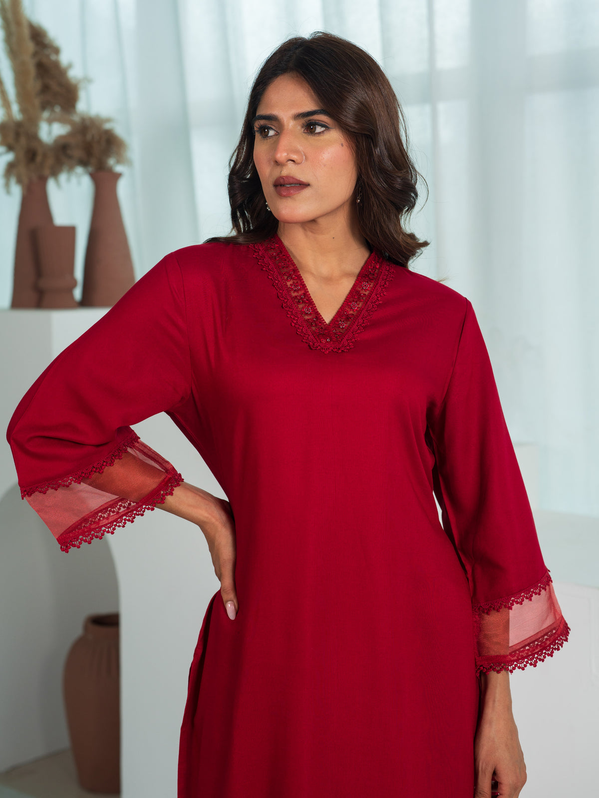 Embroidered Viscose Solid Straight Maroon Kurta