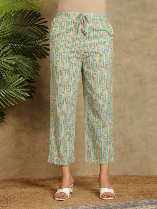 Soft Cotton Floral Turquoise Straight Trousers