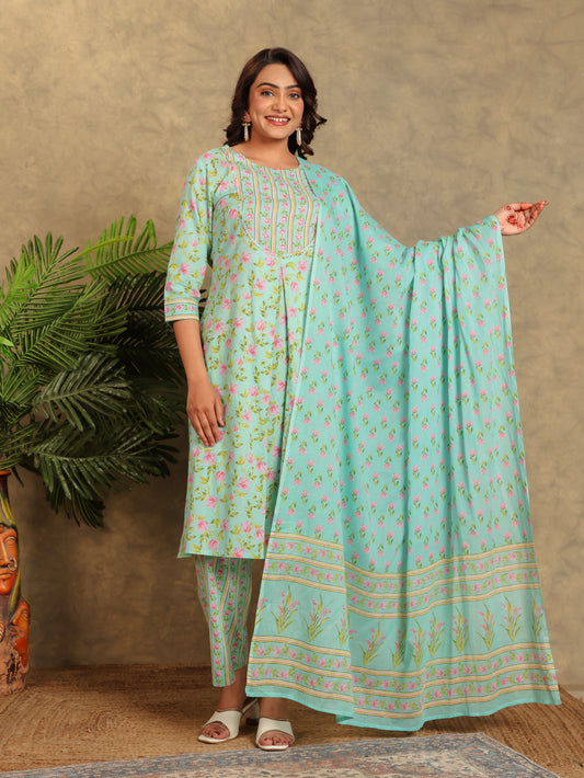 Soft Cotton Floral A-line Turquoise Kurta
