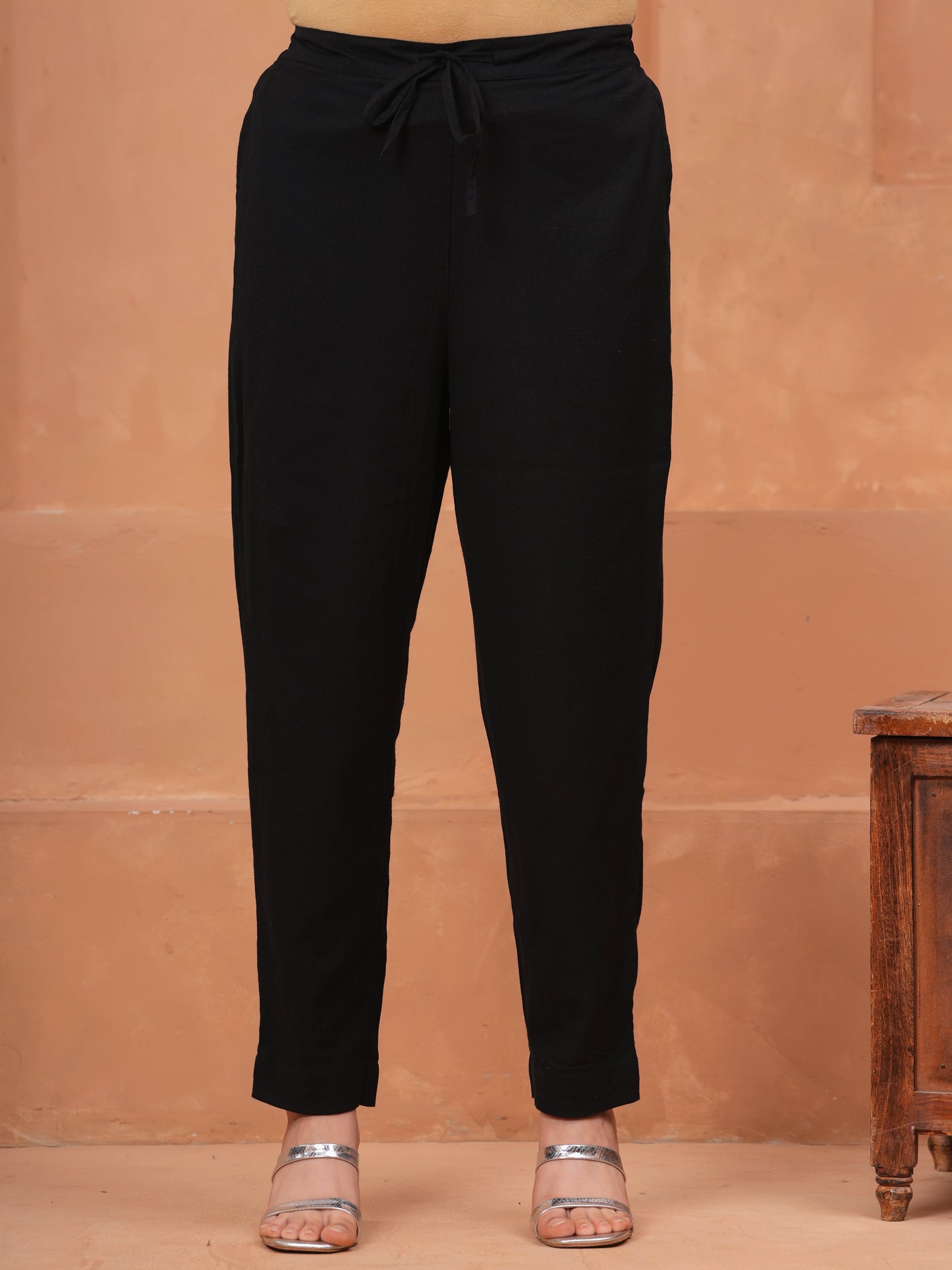 Linen Cotton Solid Black Straight Trousers