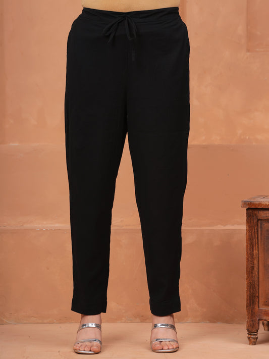 Linen Cotton Solid Black Straight Trousers