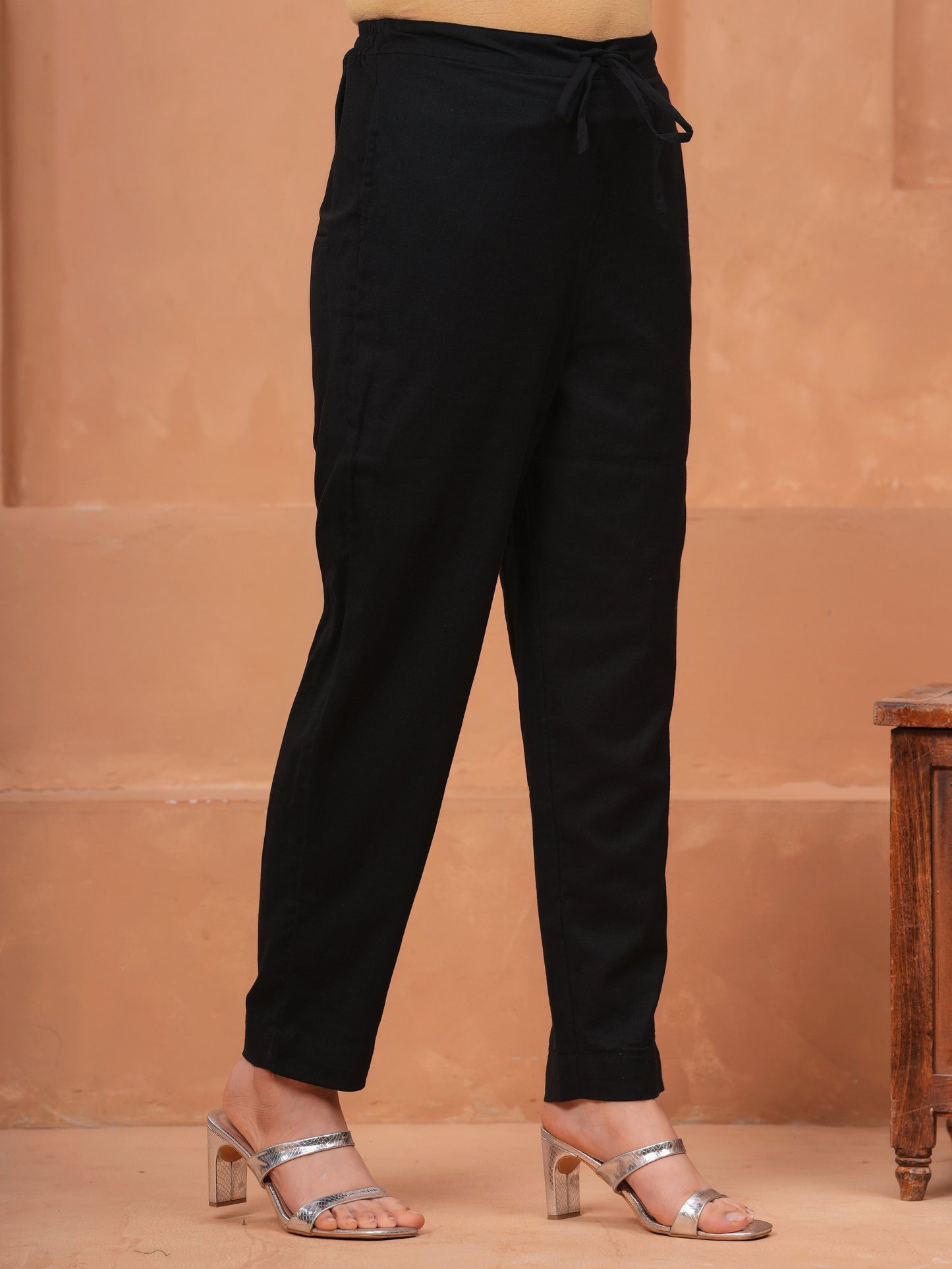 Linen Cotton Solid Black Straight Trousers