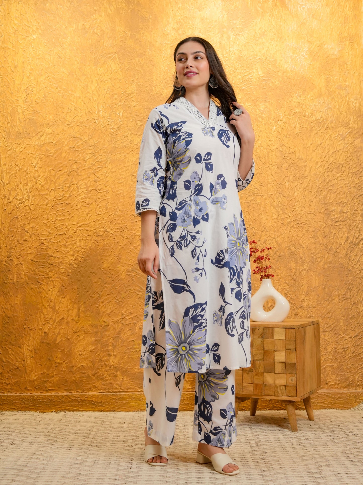 Soft Cotton Floral Straight White Kurta