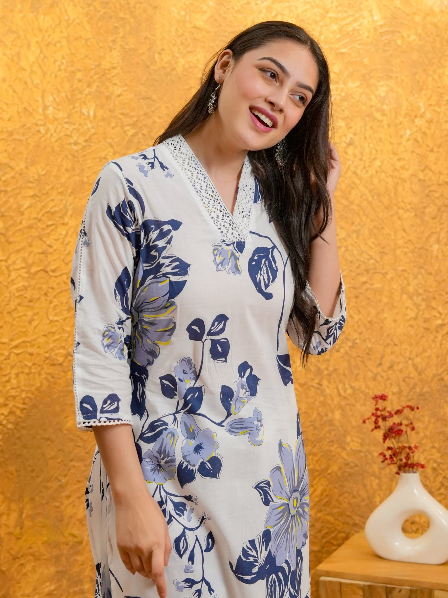 Soft Cotton Floral Straight White Kurta