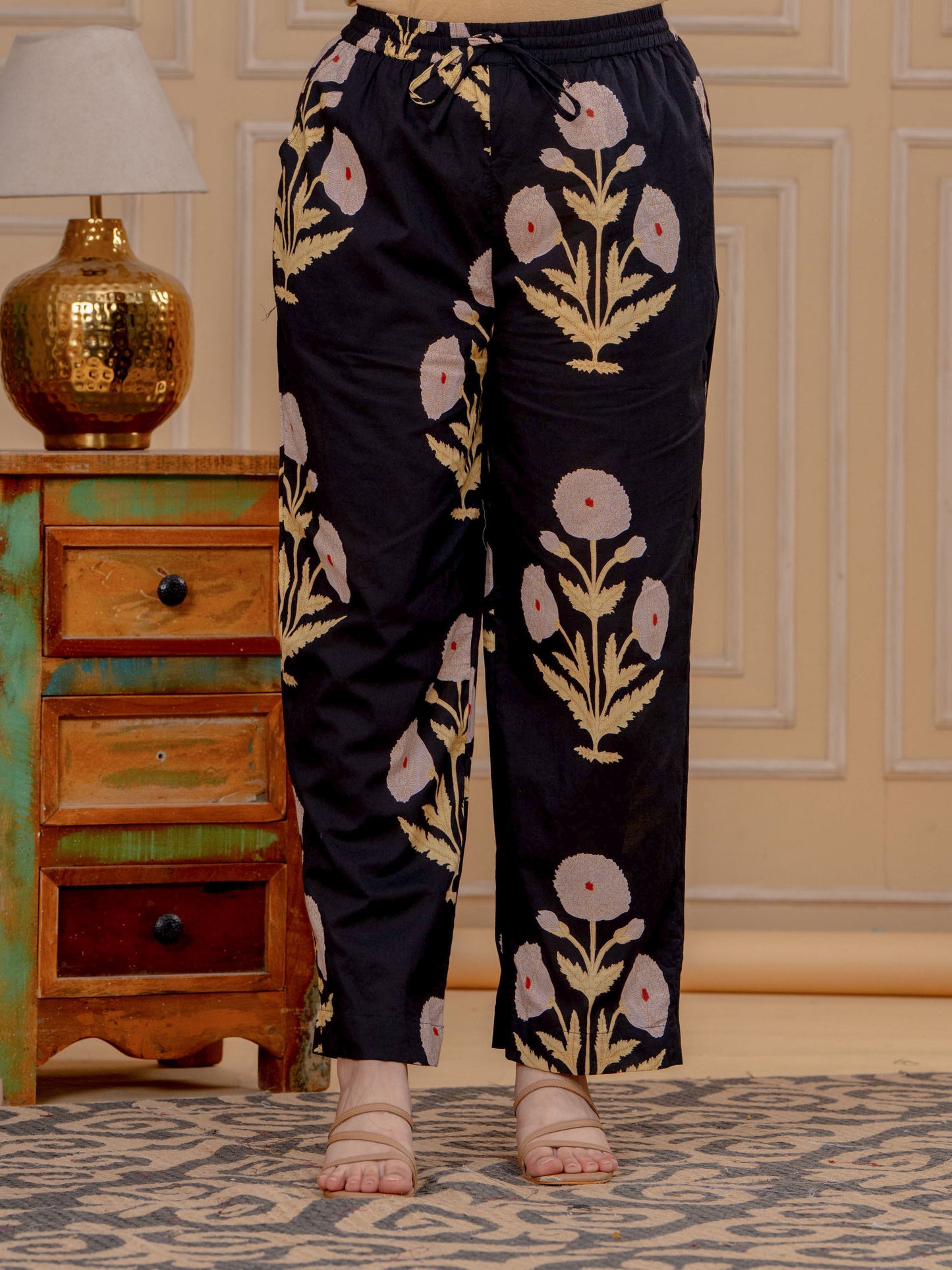 Soft Cotton Mughal Print Black Trousers