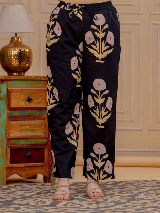 Soft Cotton Mughal Print Black Trousers