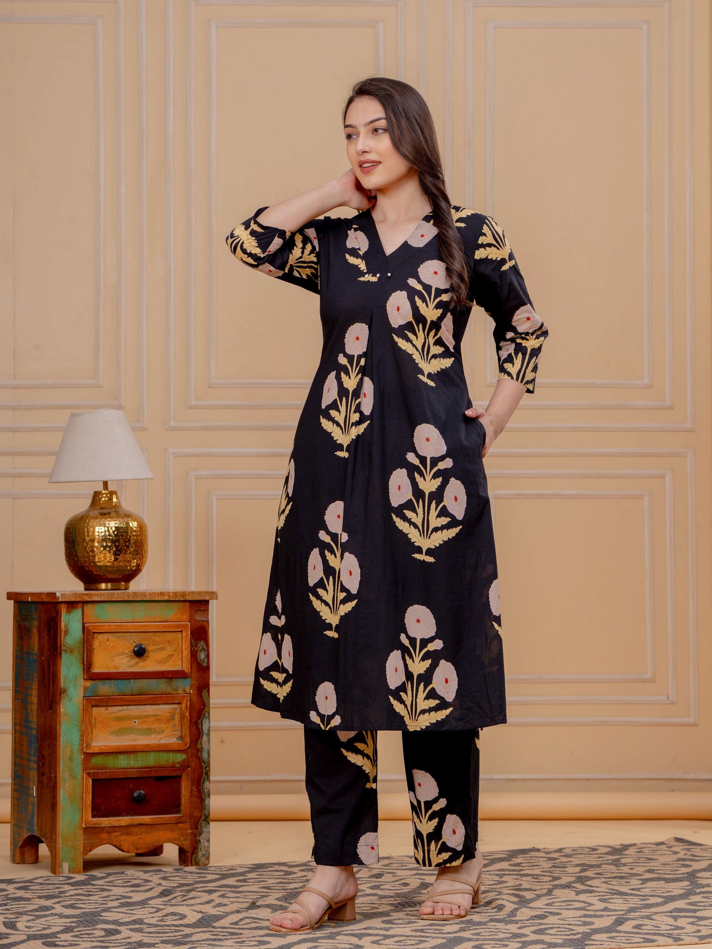 Soft Cotton Mughal Print Straight Black Kurta