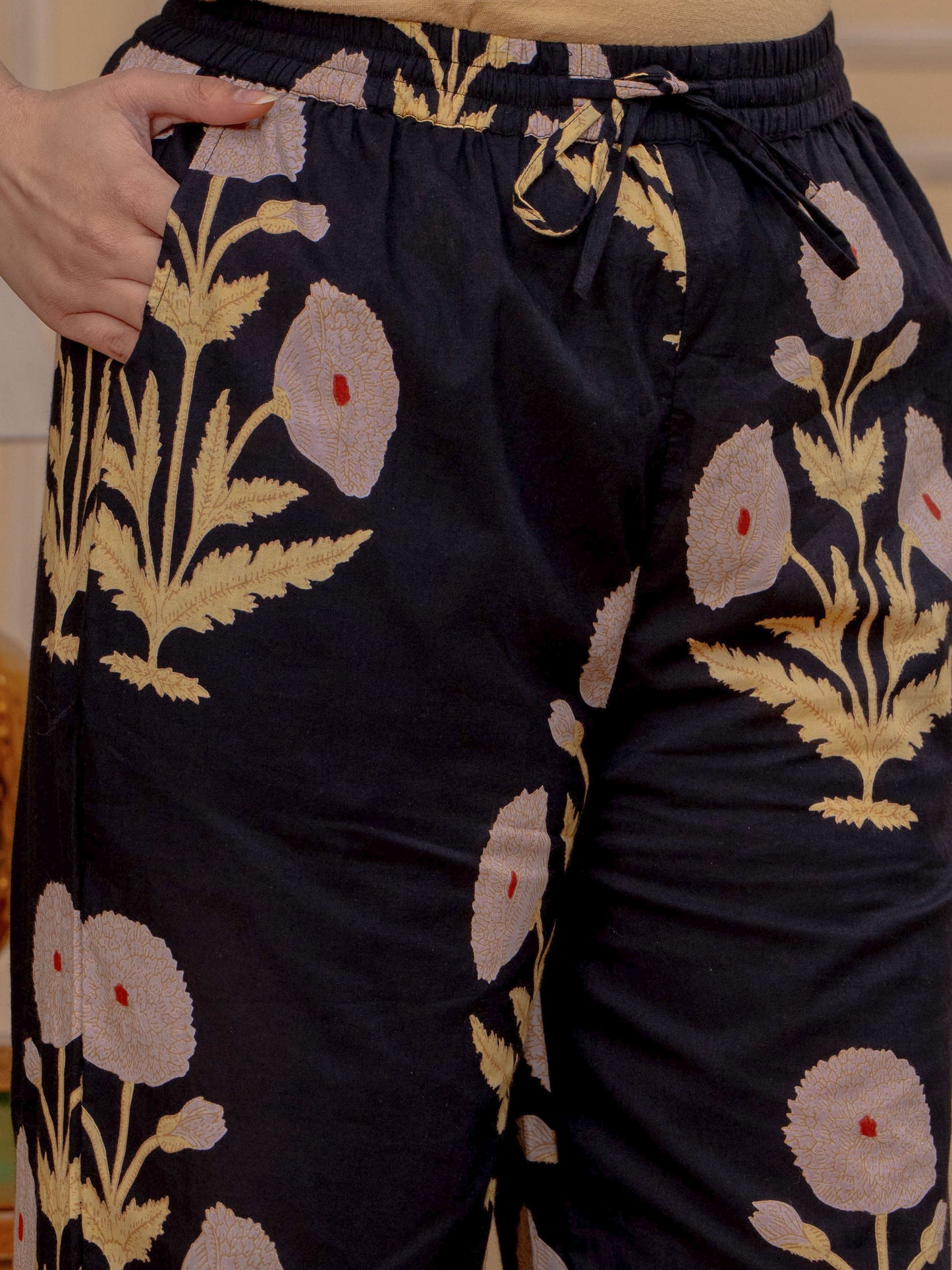 Soft Cotton Mughal Print Straight Black Kurta