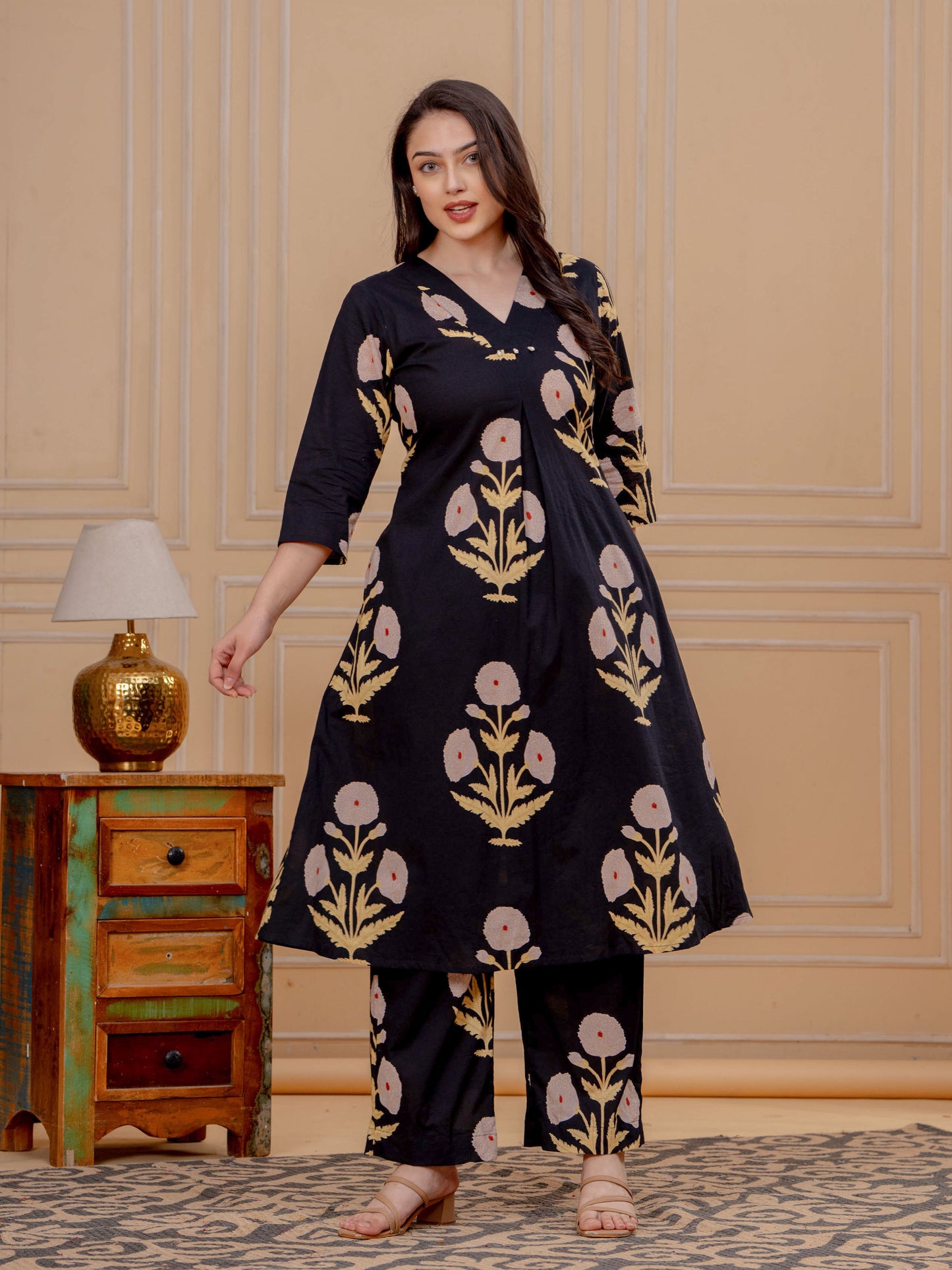 Soft Cotton Mughal Print Straight Black Kurta