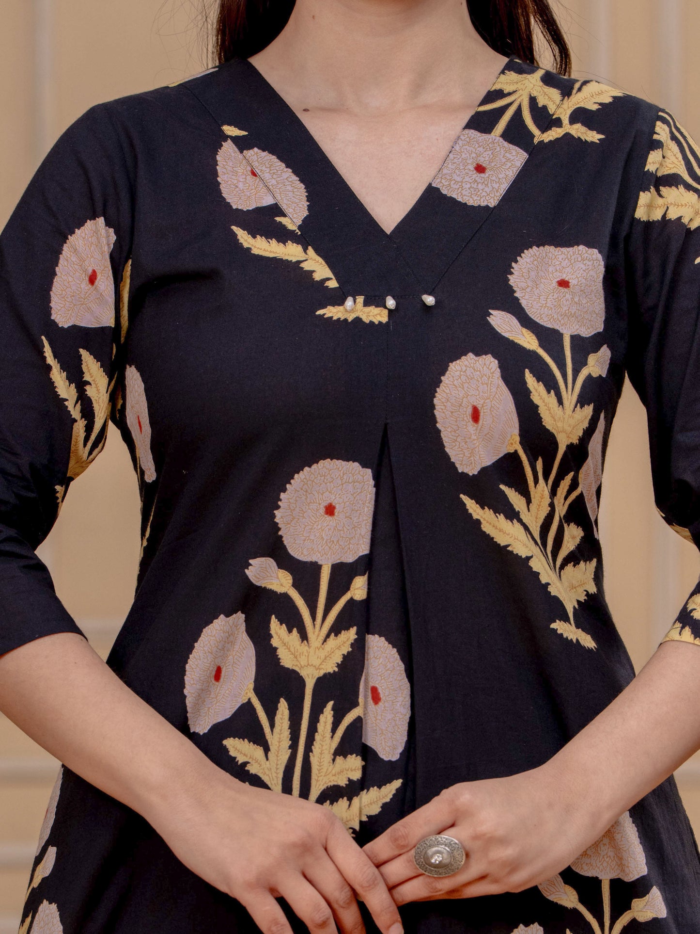 Soft Cotton Mughal Print Straight Black Kurta