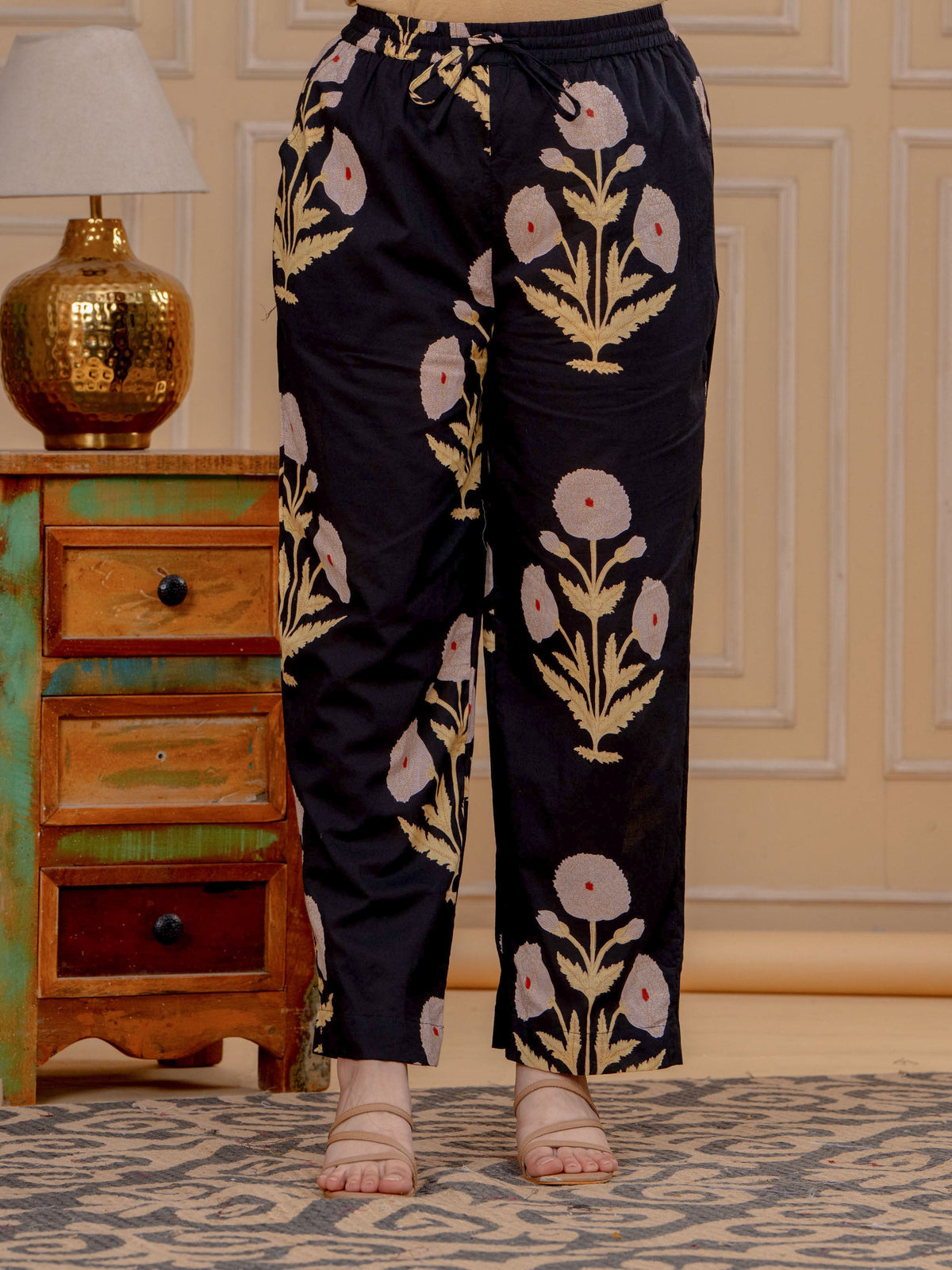 Soft Cotton Mughal Print Straight Black Kurta