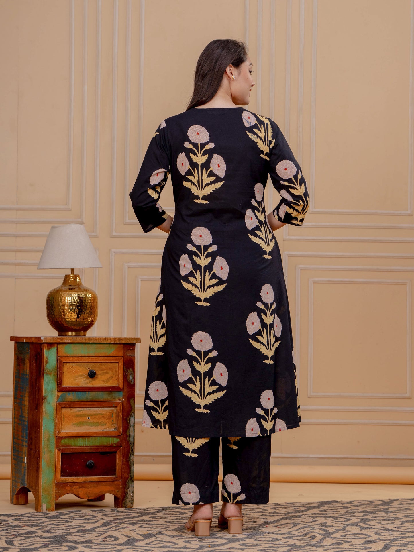 Soft Cotton Mughal Print Straight Black Kurta