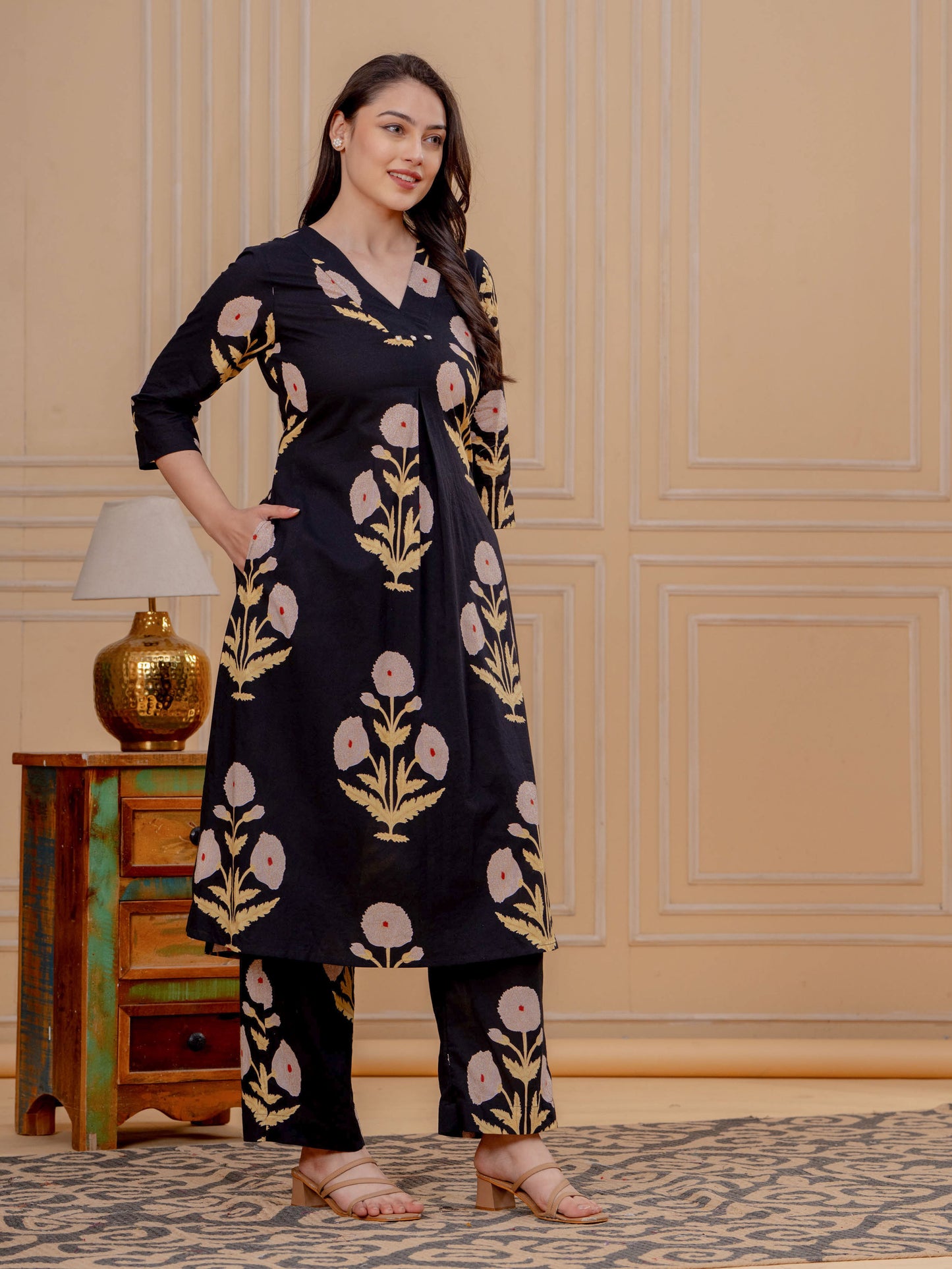 Soft Cotton Mughal Print Straight Black Kurta