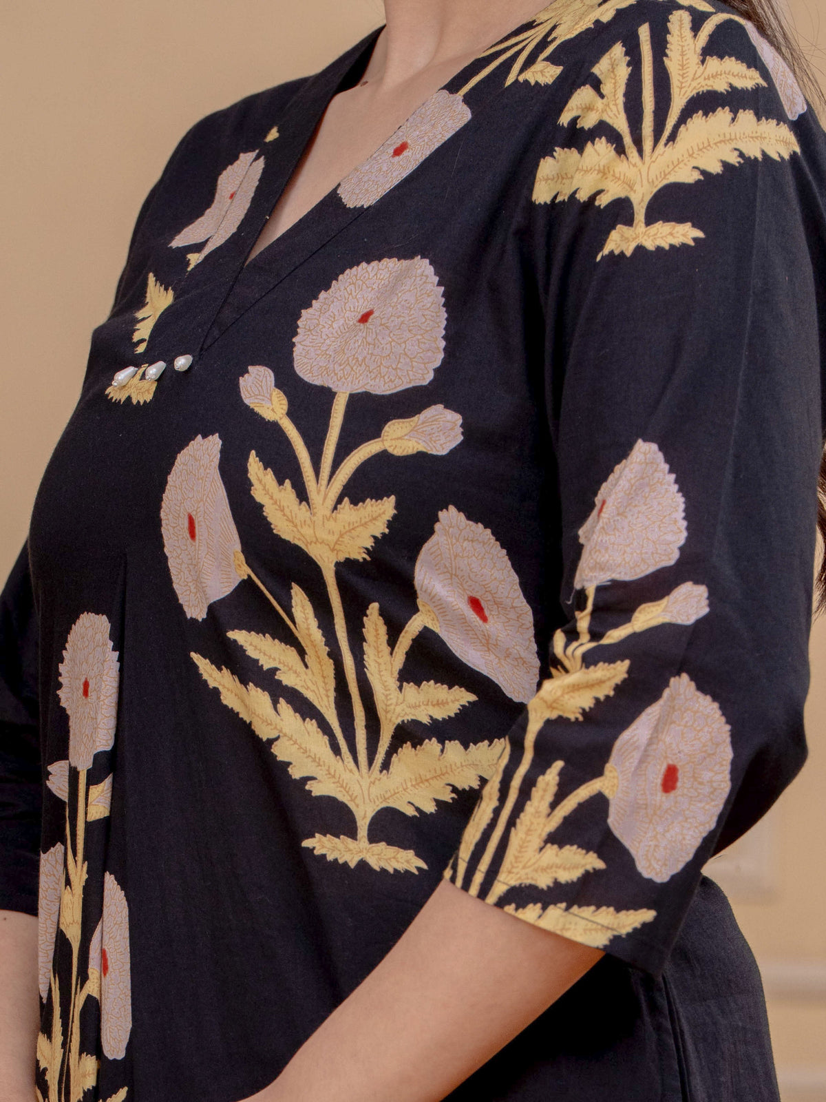 Soft Cotton Mughal Print Straight Black Kurta