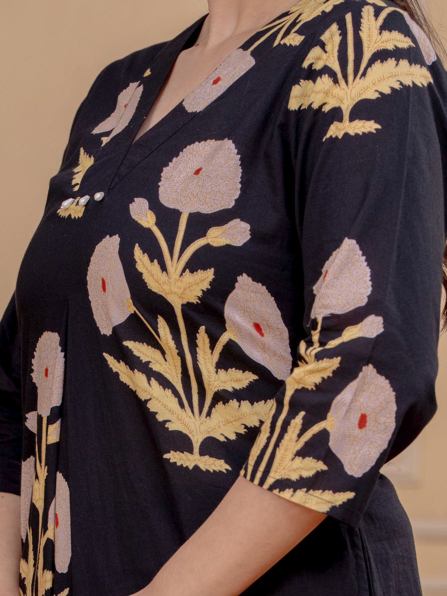 Soft Cotton Mughal Print Straight Black Kurta